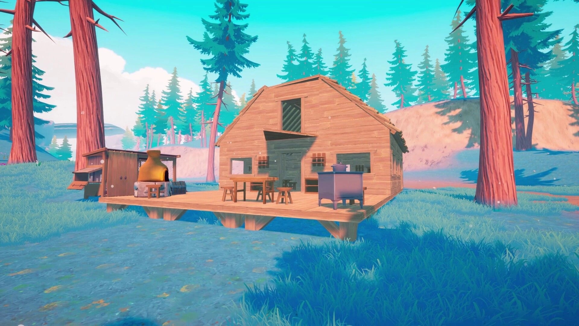 Under Canopies: Wooden cabin build with porch table, kiln and chest set in a sunny pine forest clearing.