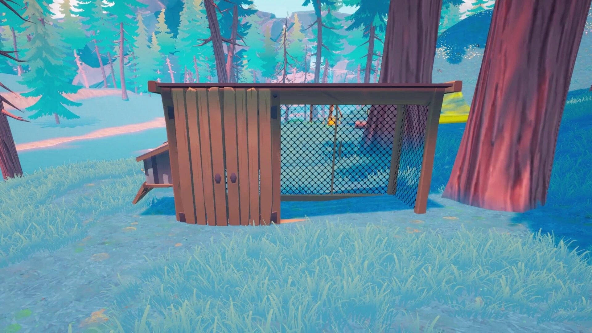 Under Canopies: Wooden animal pen with mesh enclosure built on grassy ground among tall pine trees.