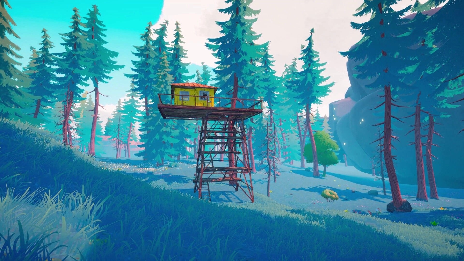 Under Canopies: Elevated lookout cabin on a metal tower in a pine forest clearing beside rocky cliffs.