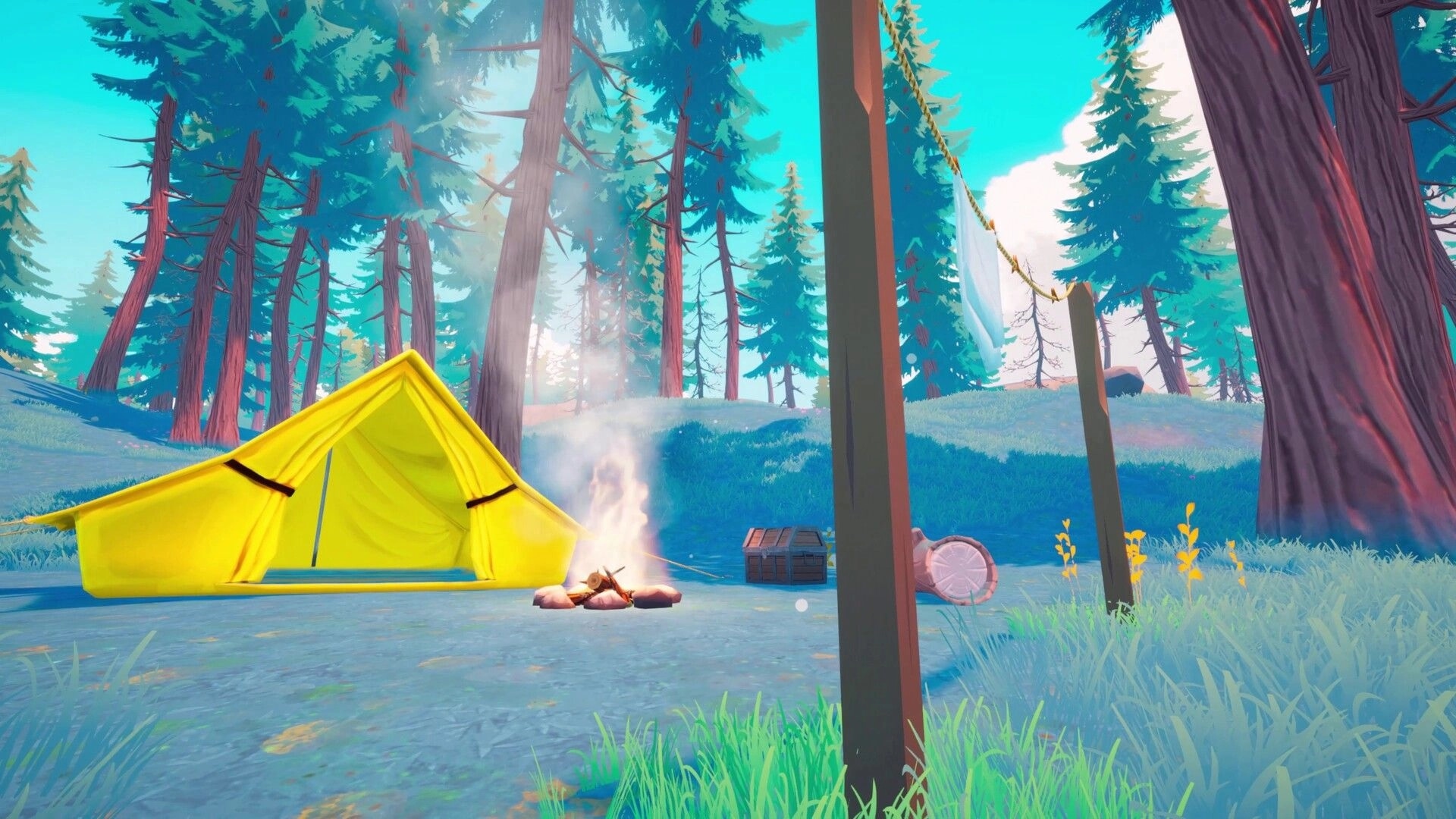 Under Canopies: Campsite with yellow tent and smoking campfire in a pine forest clearing by water.