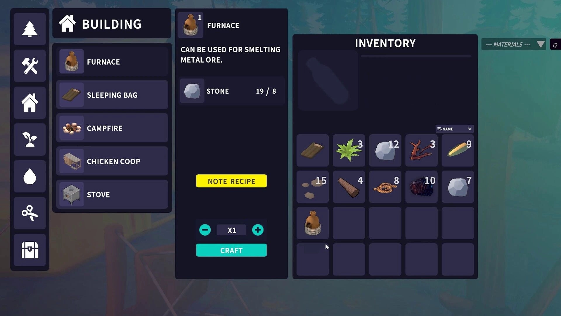 Under Canopies: Building menu crafting a furnace, with inventory grid of stone, wood, rope and herbs.