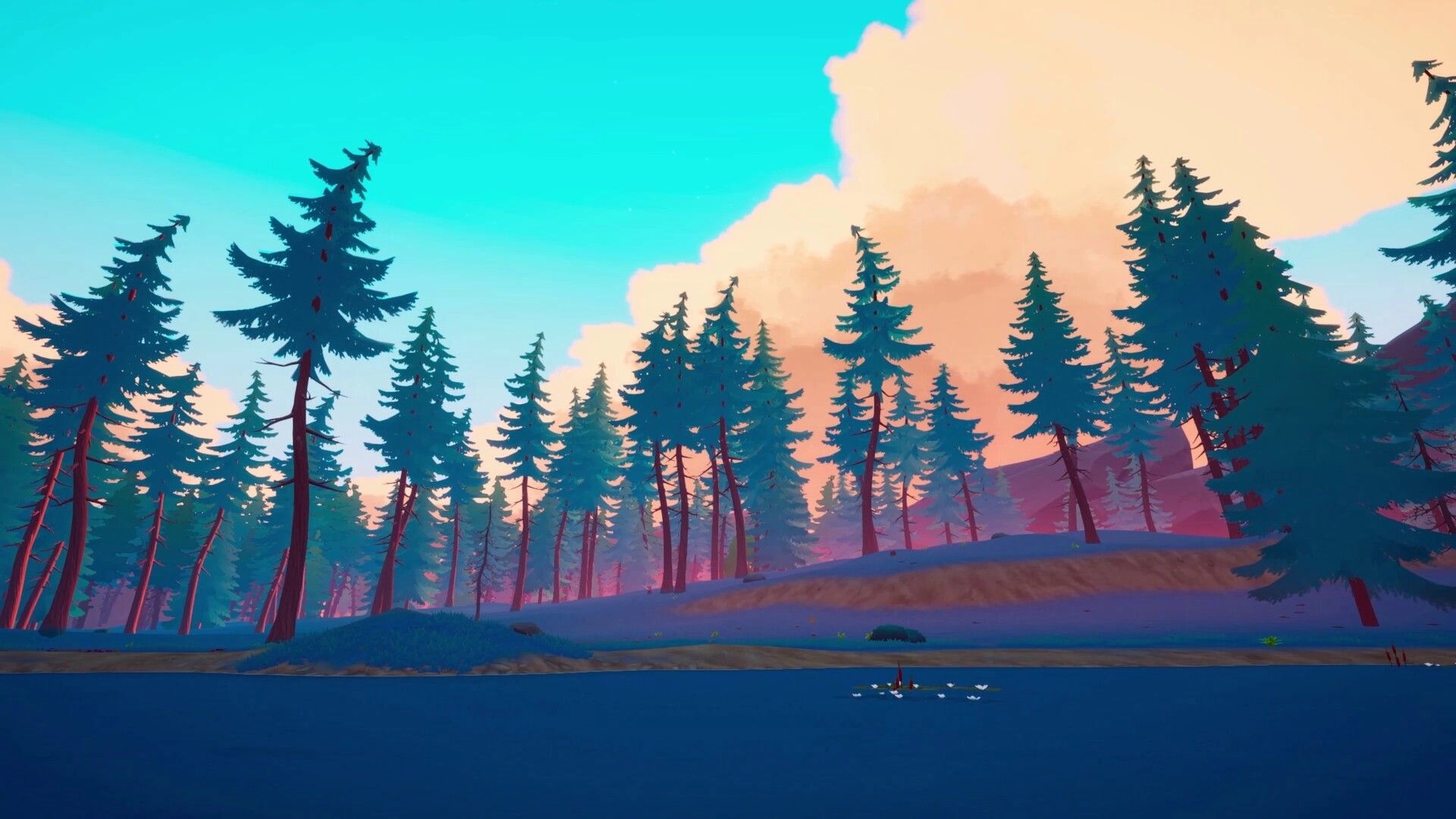 Under Canopies: Peaceful lakeside view of tall pine forest and hills under a bright sky at sunset.