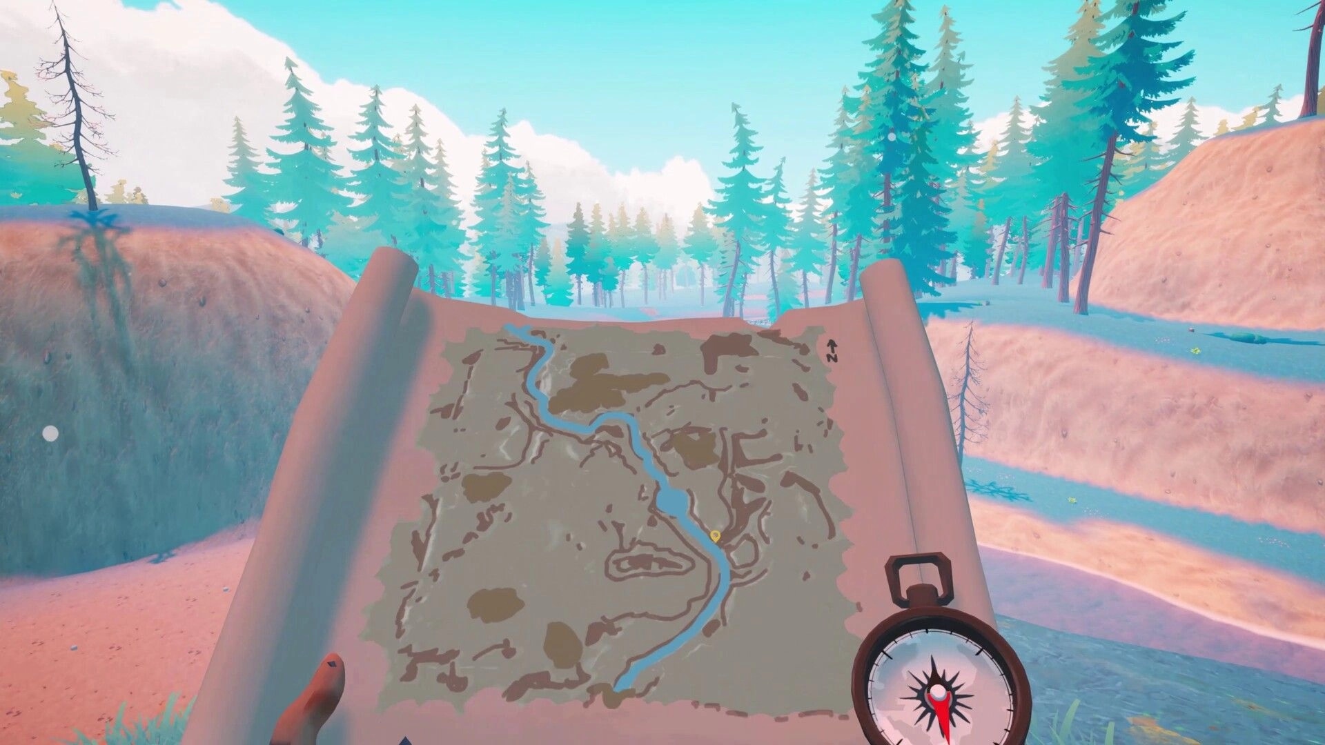 Under Canopies: Holding a map and compass UI overlooking a river valley with pine forest hills ahead.