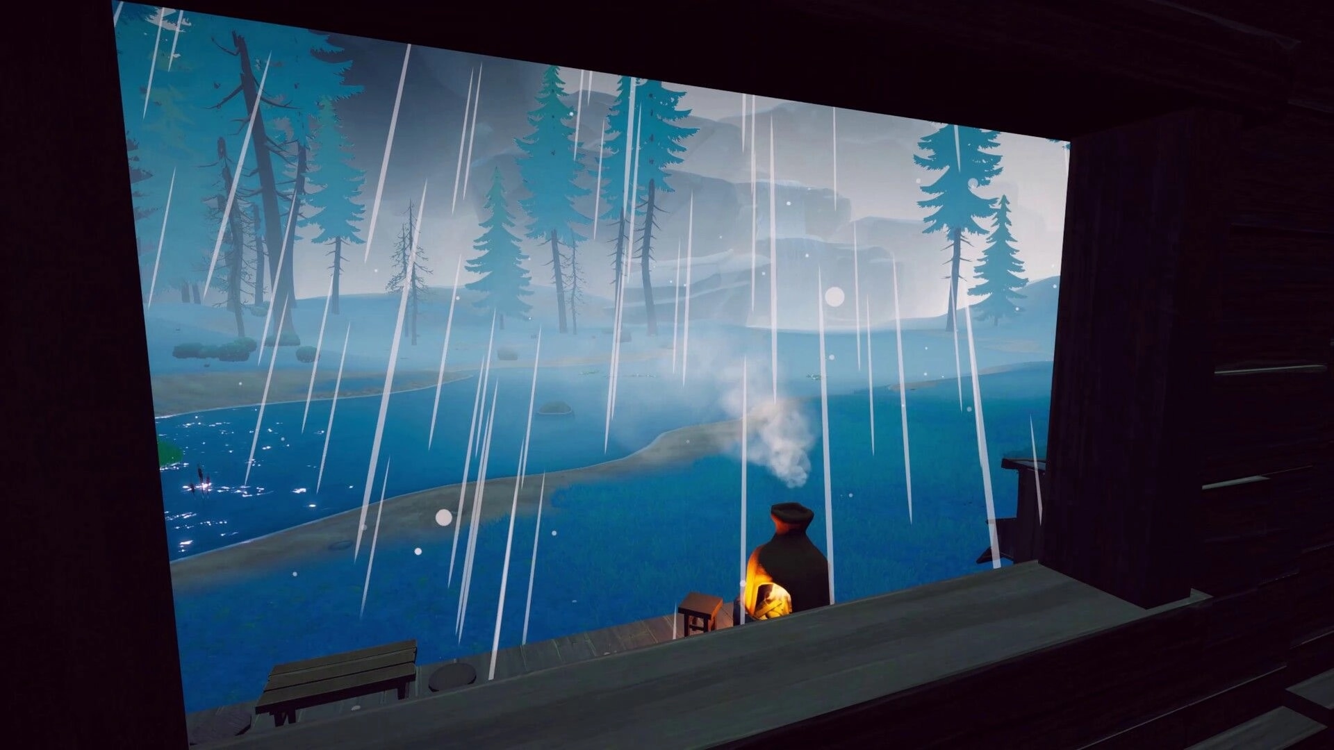 Under Canopies: Rainy lakeside view from a cabin porch with a lit stove, pines and misty hills beyond.