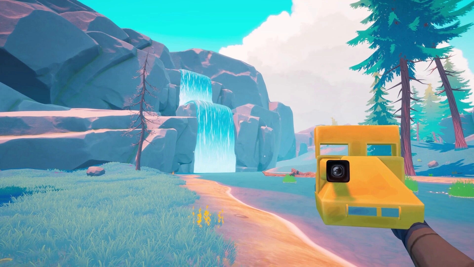 Under Canopies: First-person camera held up while facing a rocky waterfall beside a forest stream.