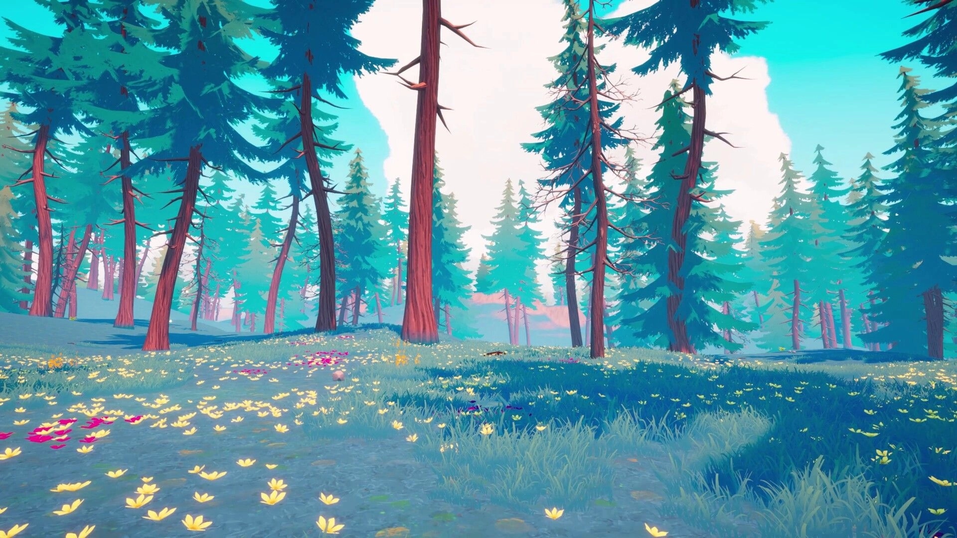 Under Canopies: Scenic view of tall pine trees and wildflower meadow in a bright, misty forest clearing.