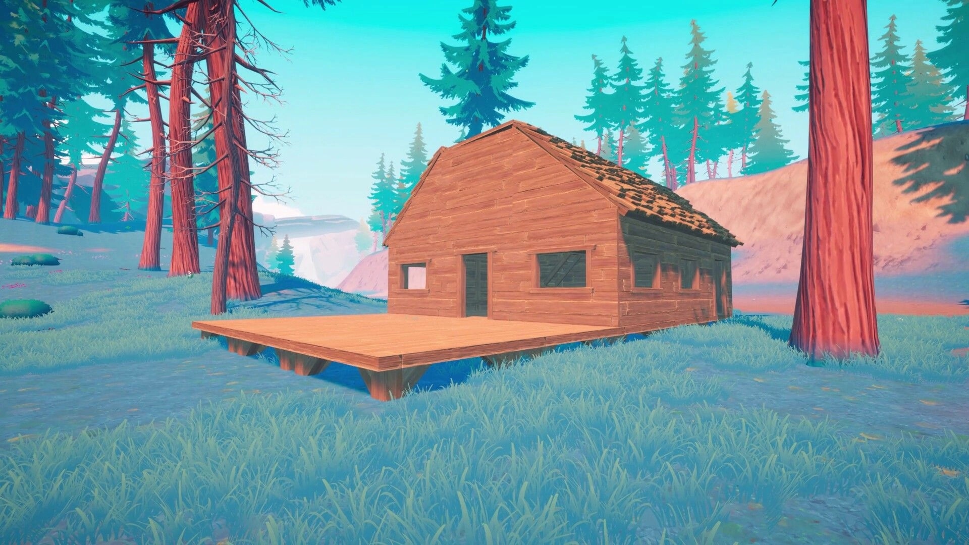 Under Canopies: Wooden cabin under construction with wide deck in a sunny pine forest clearing.