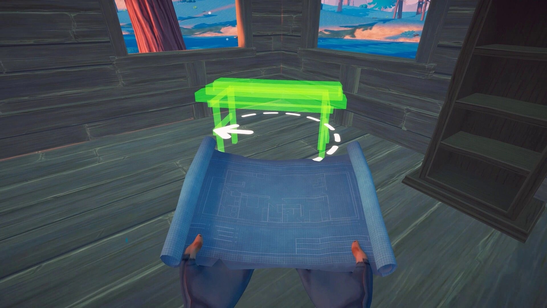 Under Canopies: Placing a green ghost workbench with rotation arrows inside a wooden cabin by the river.