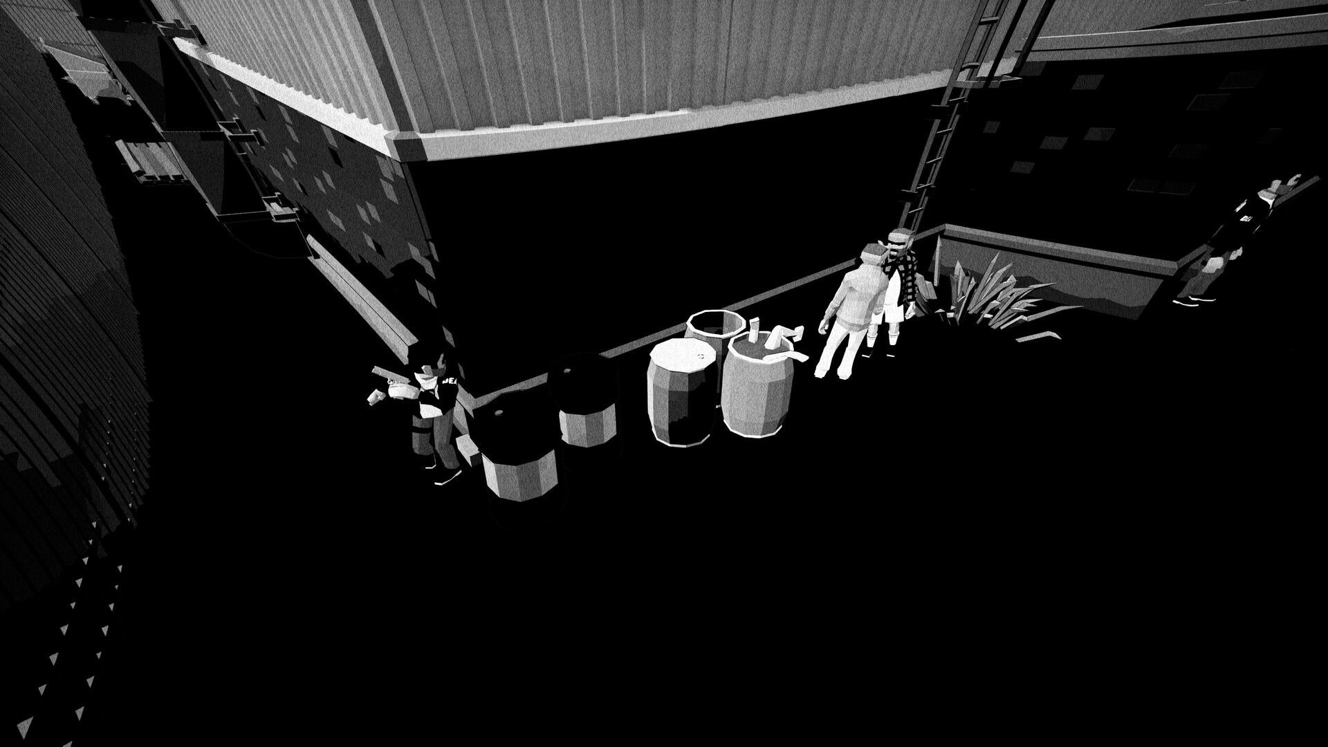 Under His Eyes: Characters stand by barrels in a dark alley, plotting strategy under dim lighting.