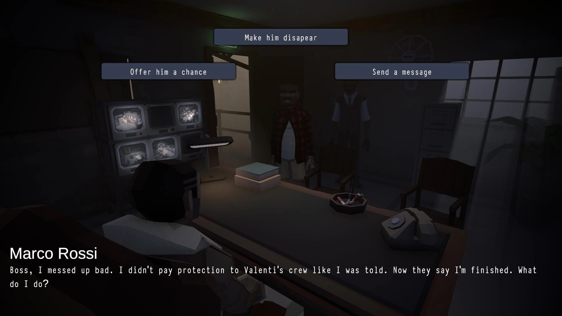Under His Eyes: Marco Rossi pleads for help in dim office, decision options hover above characters.