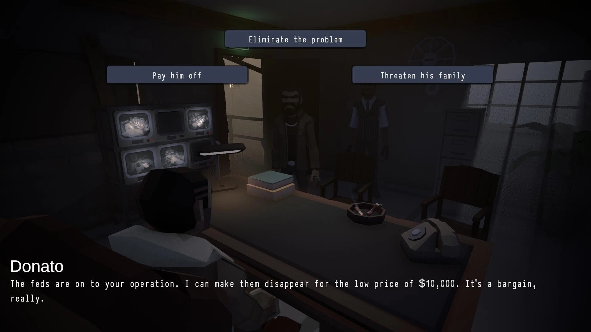 Under His Eyes: Donato offers solutions in dimly lit office with dialogue choices above him