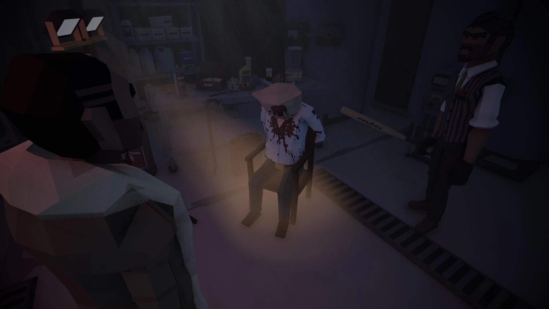 Under His Eyes: Interrogation scene in dimly lit room with tied victim, two gang members observing