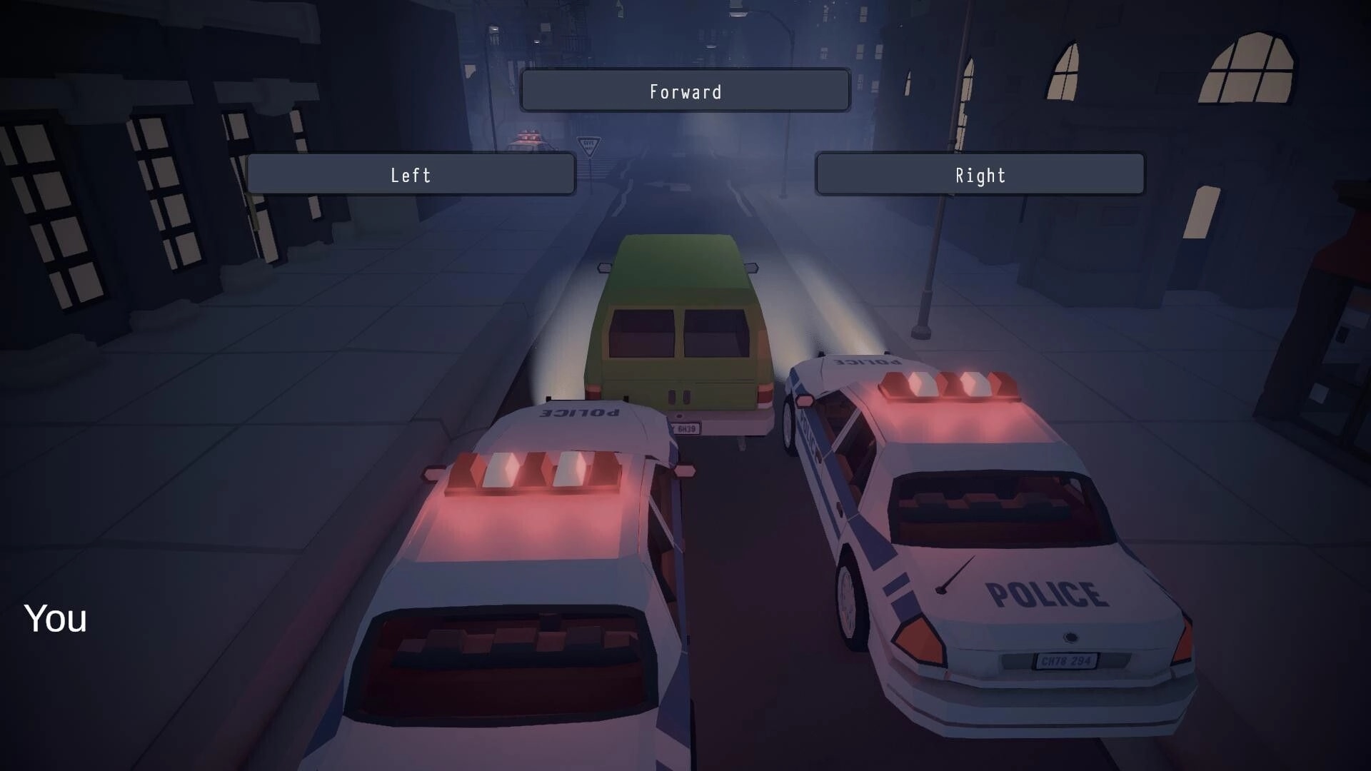 Under His Eyes: Escape sequence with police cars chasing a green van in a dimly lit urban street