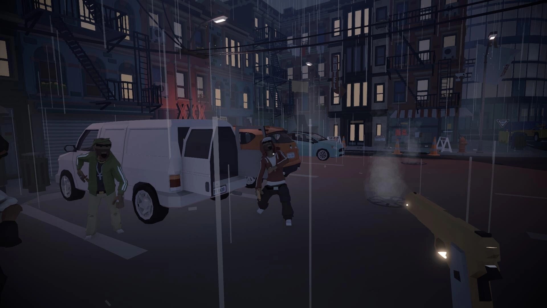 Under His Eyes: Armed confrontation in rainy street with two operatives near parked van