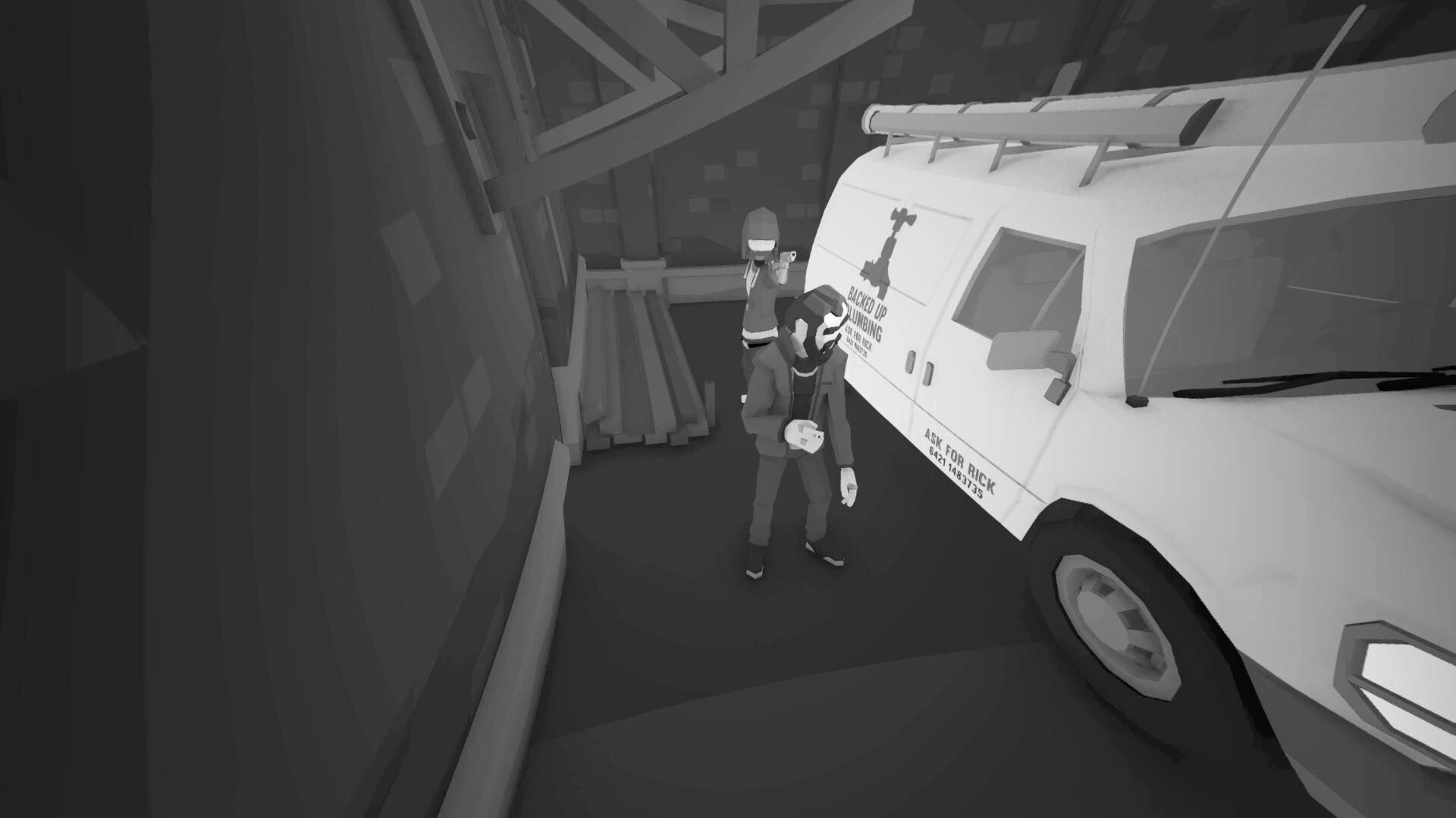 Under His Eyes: Two masked operatives holding weapons near a van in a dimly lit alley environment