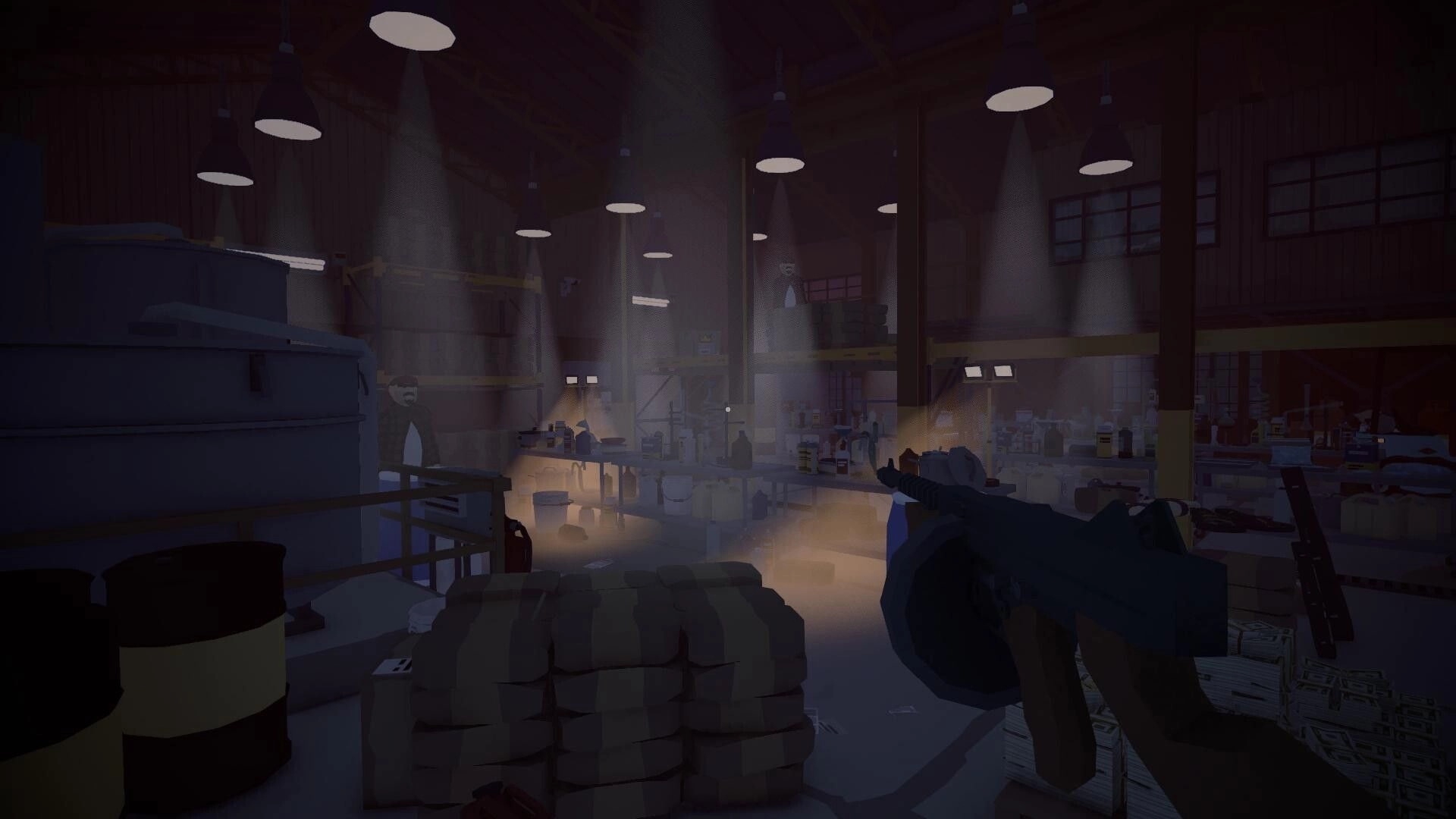 Under His Eyes: Armed player in dimly lit warehouse, barrels and crates scattered, preparing for action