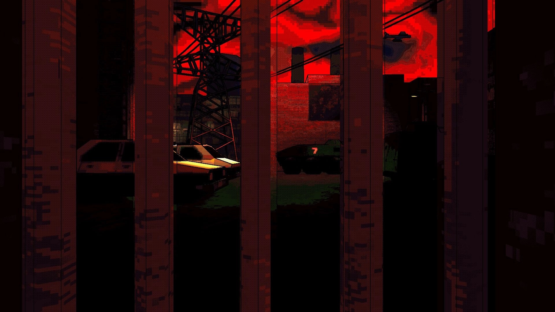 Under the Eye: View through wooden slats at cars and a tank in a ruined city under red skies.