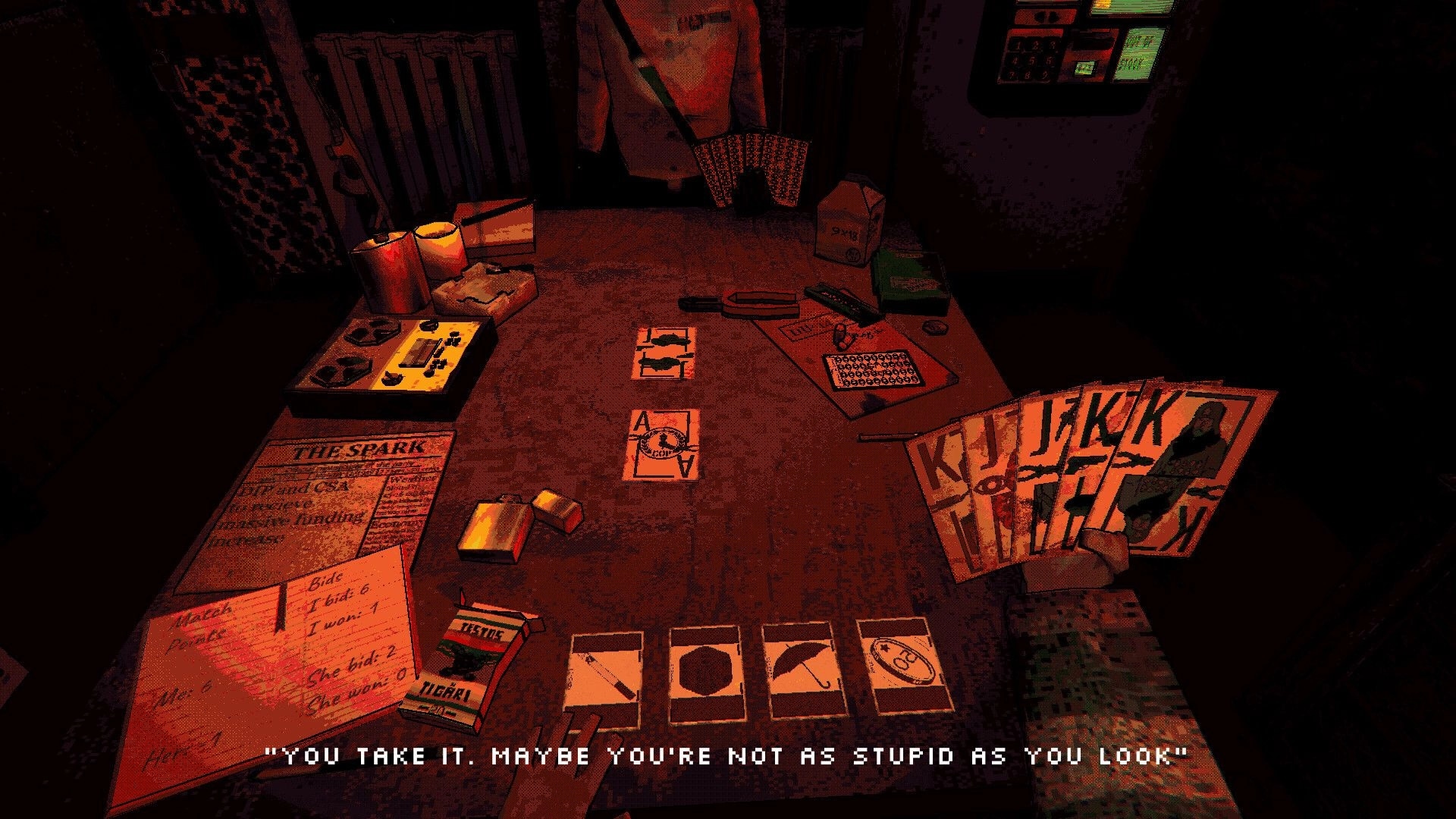 Under the Eye: Card duel table with hand of cards and bid sheet in a dim, red-lit room.