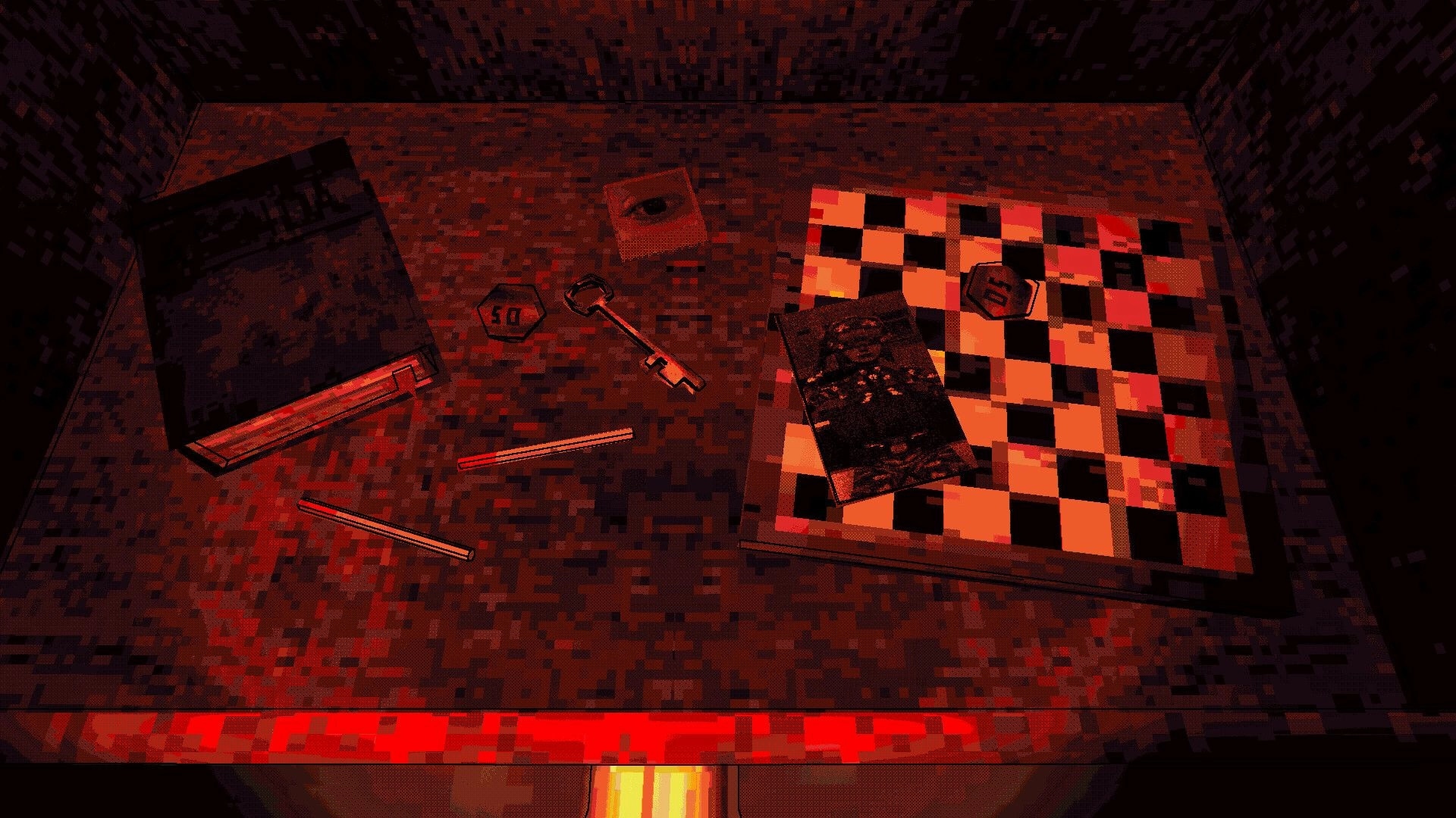 Under the Eye: Looting a key and tokens beside a bed and checkered mat in a dim red room.