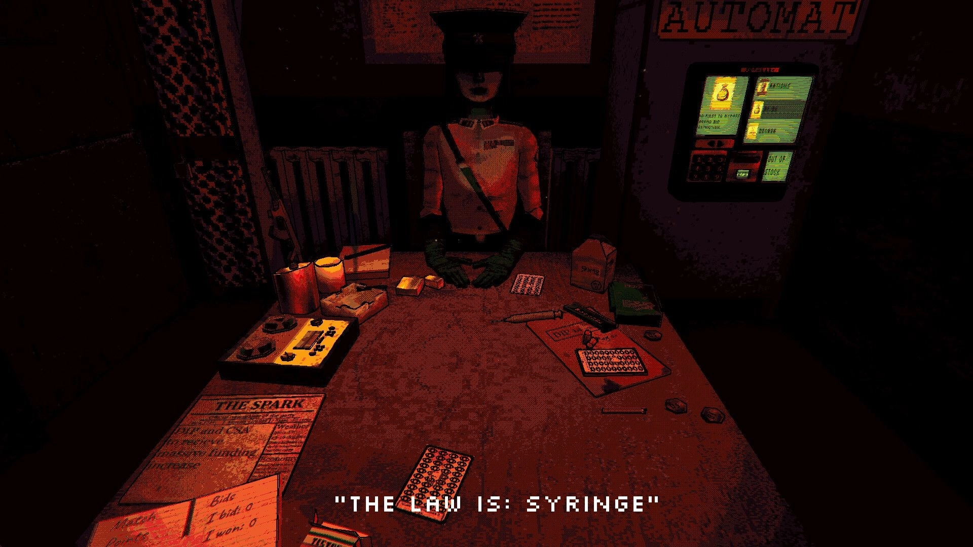 Under the Eye: Card duel table with masked officer and cards, rule text and keypad in dim booth.
