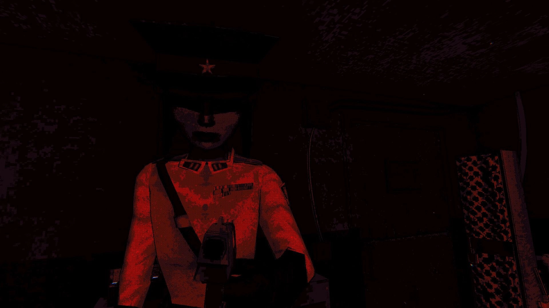 Under the Eye: Close-up of stern officer in red uniform and cap inside a dim, barred room.