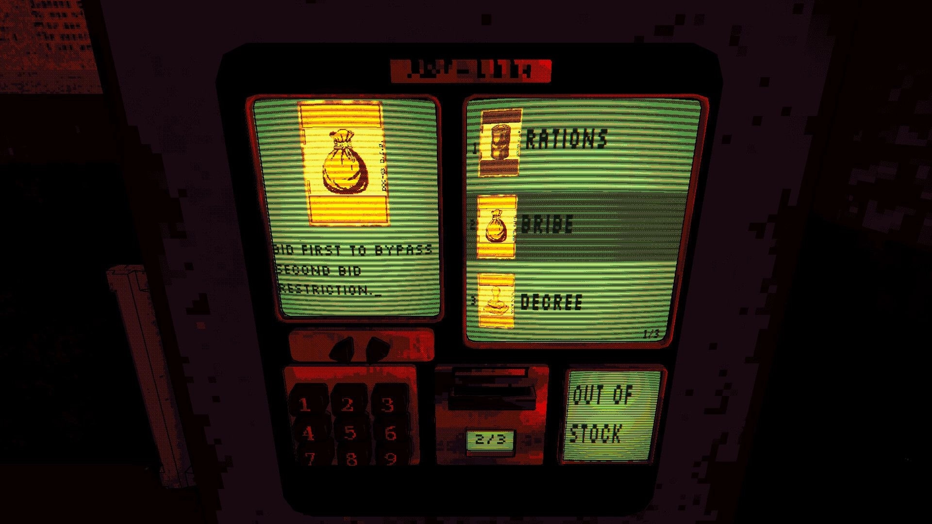 Under the Eye: Card catalog menu listing Rations, Bribe, and Decree on a CRT-style screen UI.