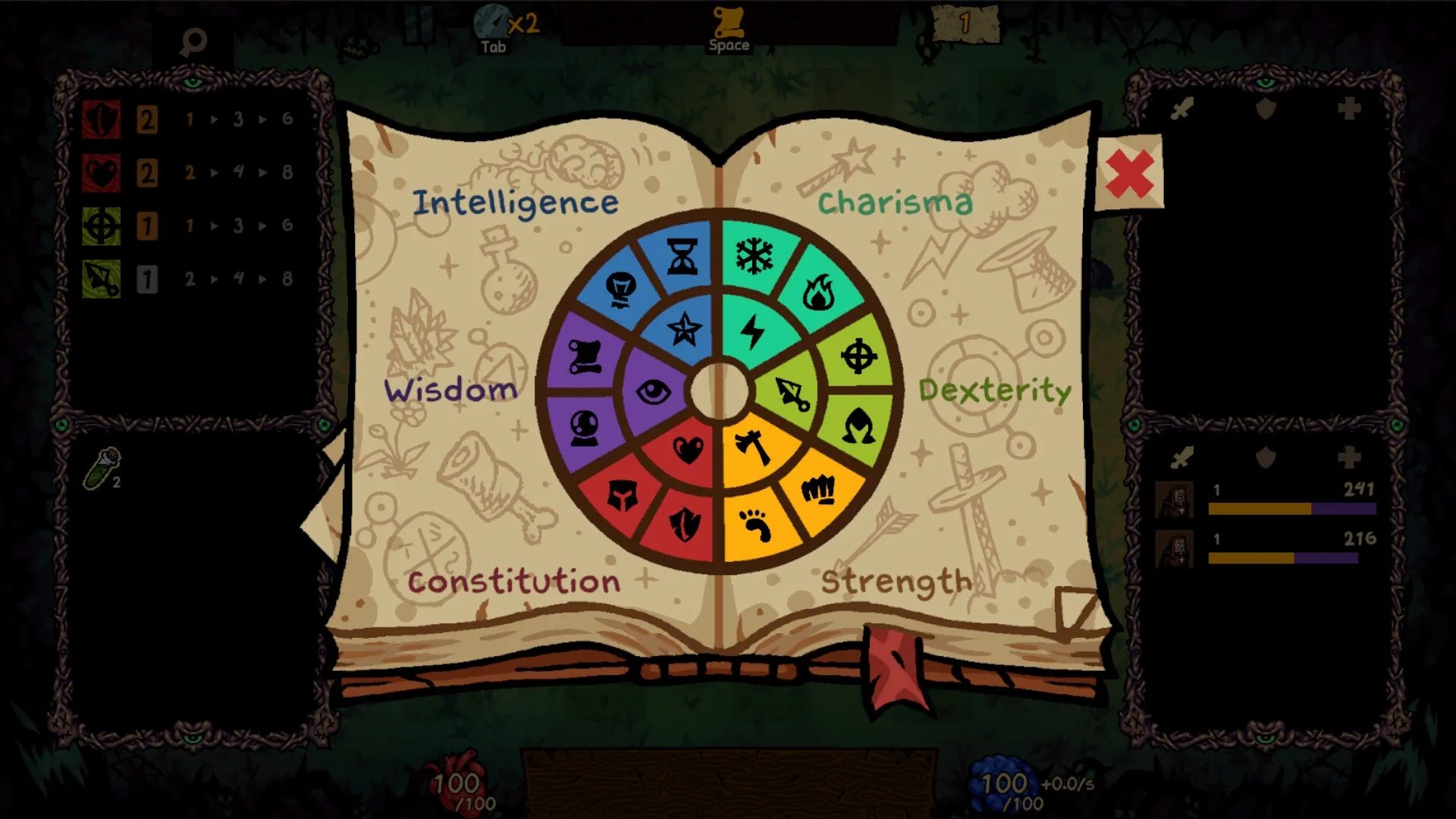 Underboard: Spell selection book with attributes wheel and character stats in dark forest setting
