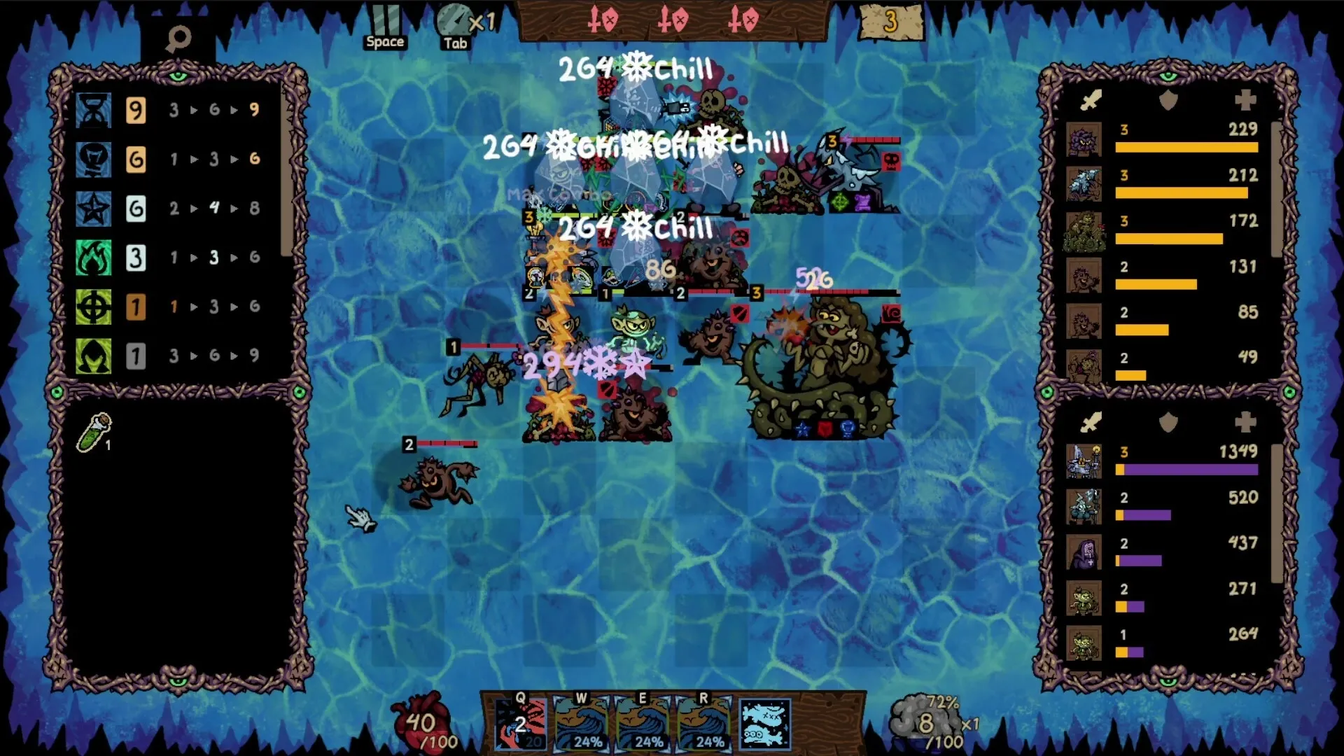Underboard: Intense battle with monsters in icy cavern, health and spell menus displayed on screen