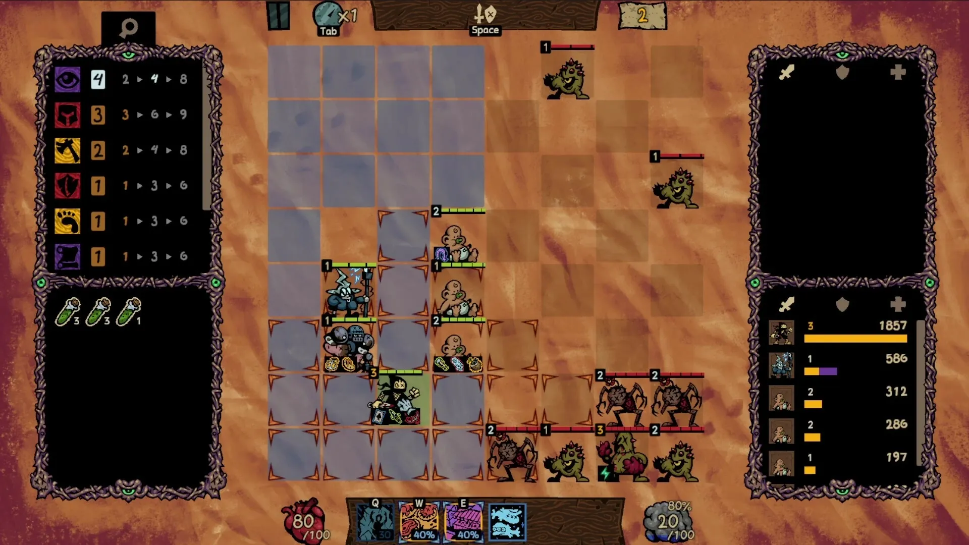 Underboard: Tactical grid battle with heroes and monsters, inventory and stats displayed on sides