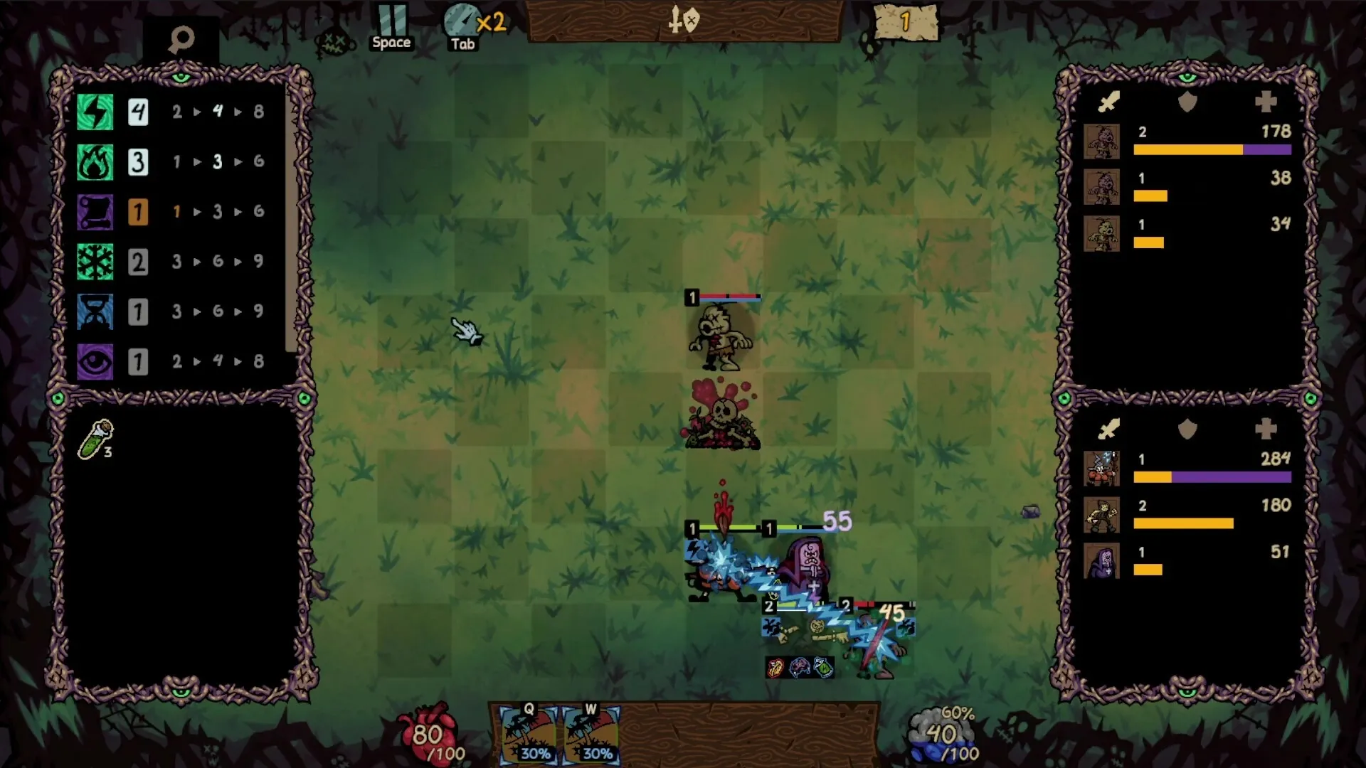 Underboard: Strategic battle scene with monsters on grid, spell list left, character stats right