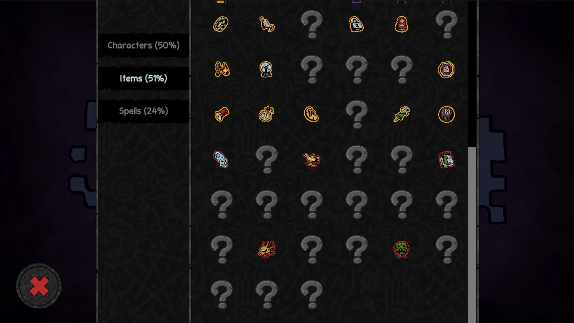 Underboard: Item inventory menu with various icons and percentage stats for characters, items, and spells