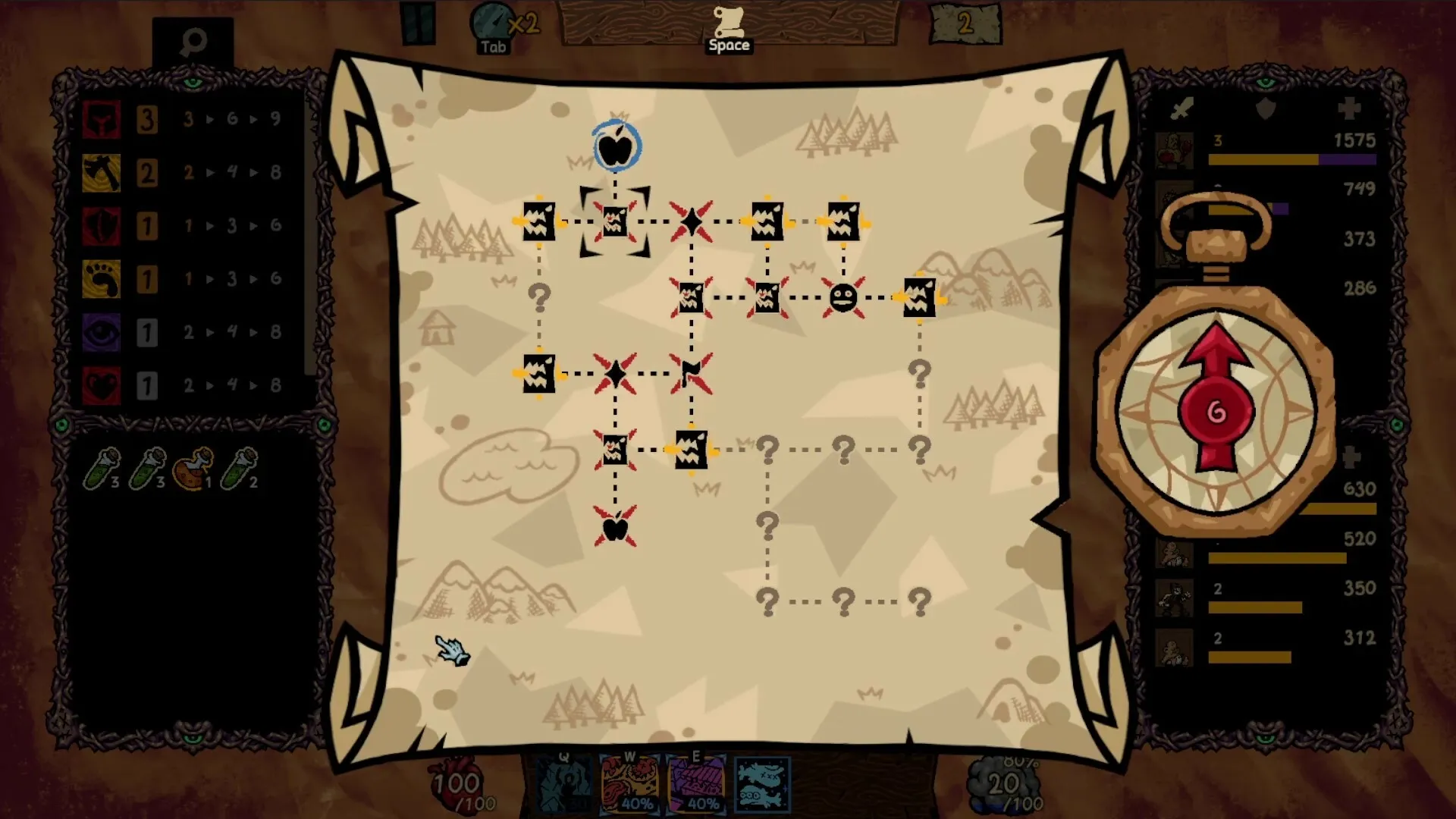 Underboard: Map interface with paths, enemy icons, and inventory on a parchment with a compass UI element.