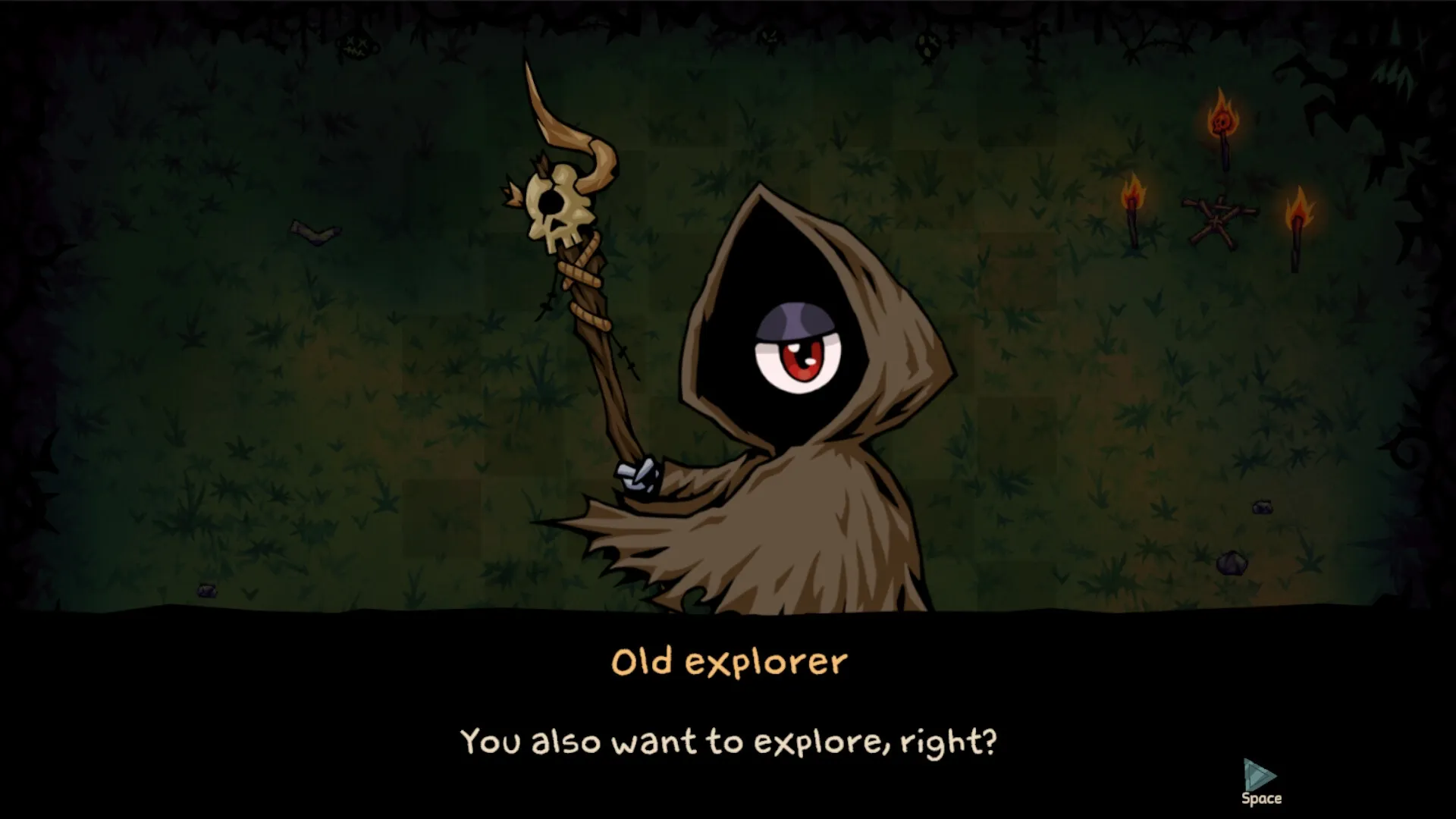 Underboard: Mysterious hooded figure holding a staff in a dark forest, text dialogue displayed below