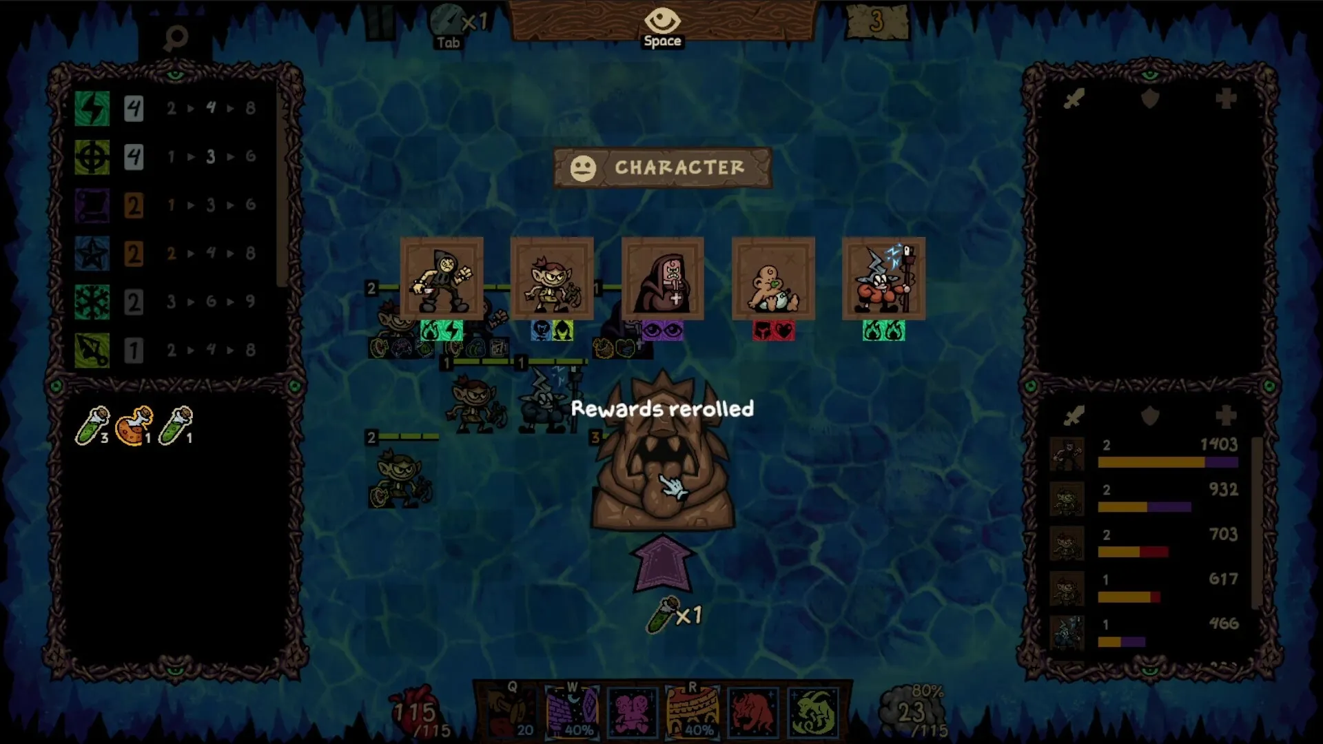 Underboard: Character selection with five heroes, inventory items, and reroll rewards in cave setting.