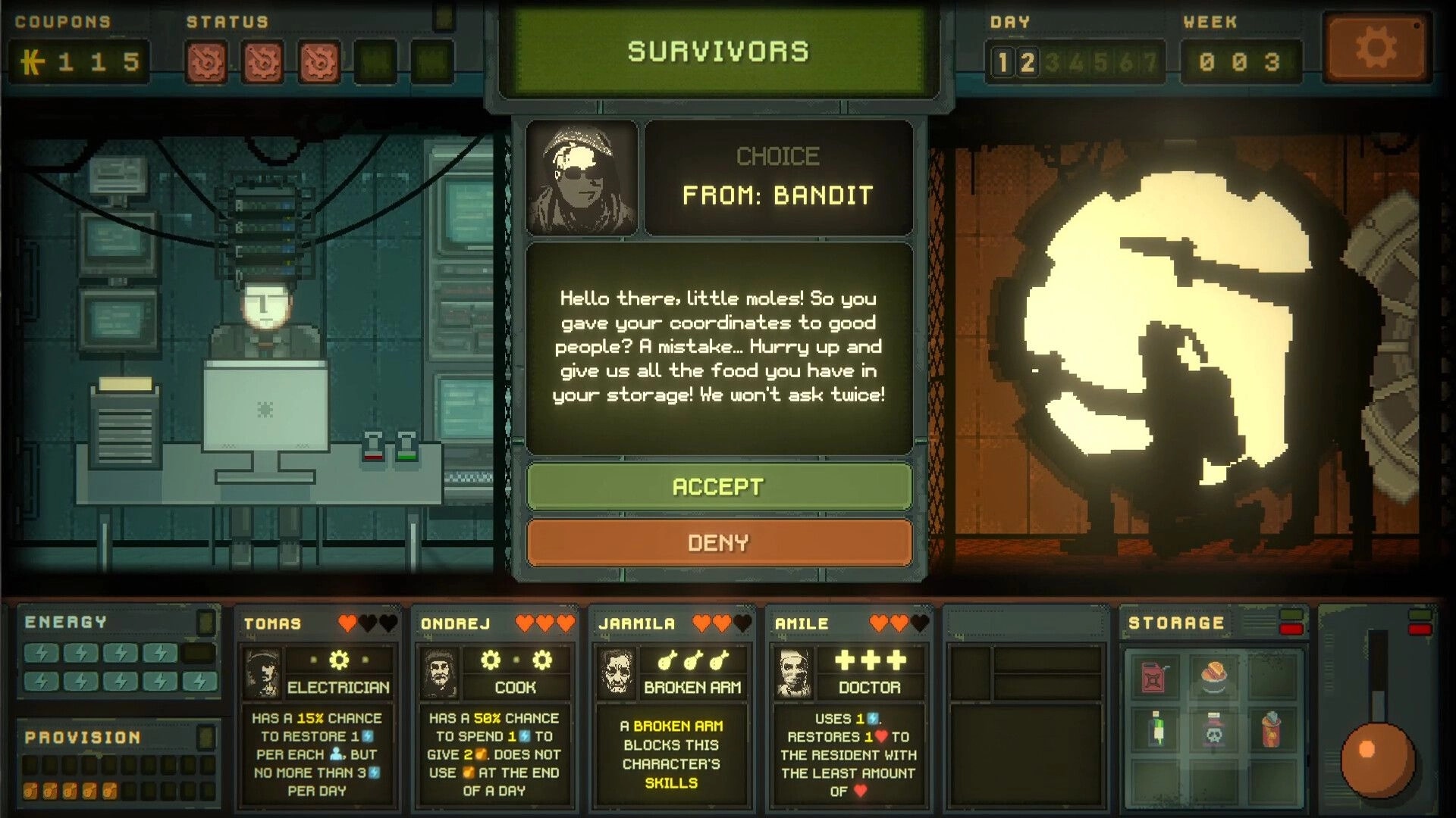 Underchoice: Decision screen with bandit demand, character stats, and resource management in bunker.