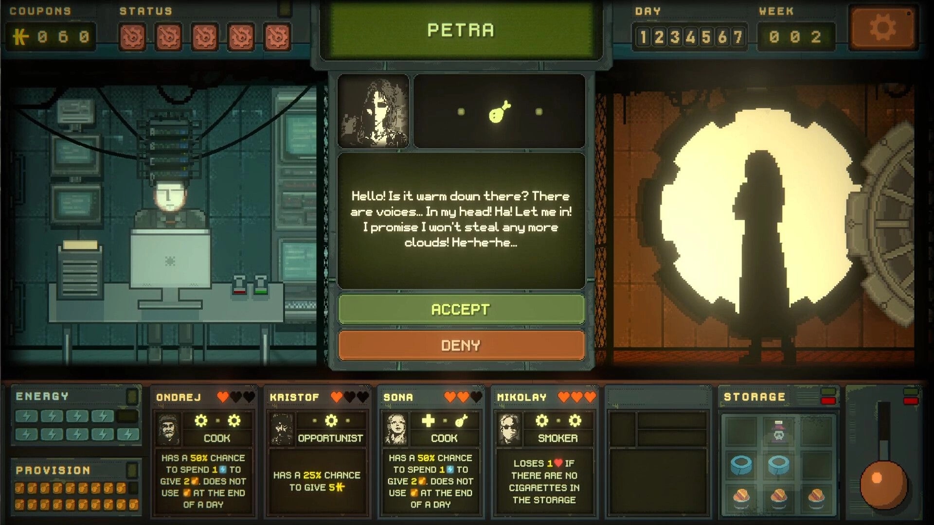 Underchoice: Overseer decision scene with Petra's request displayed inside a sealed bunker environment