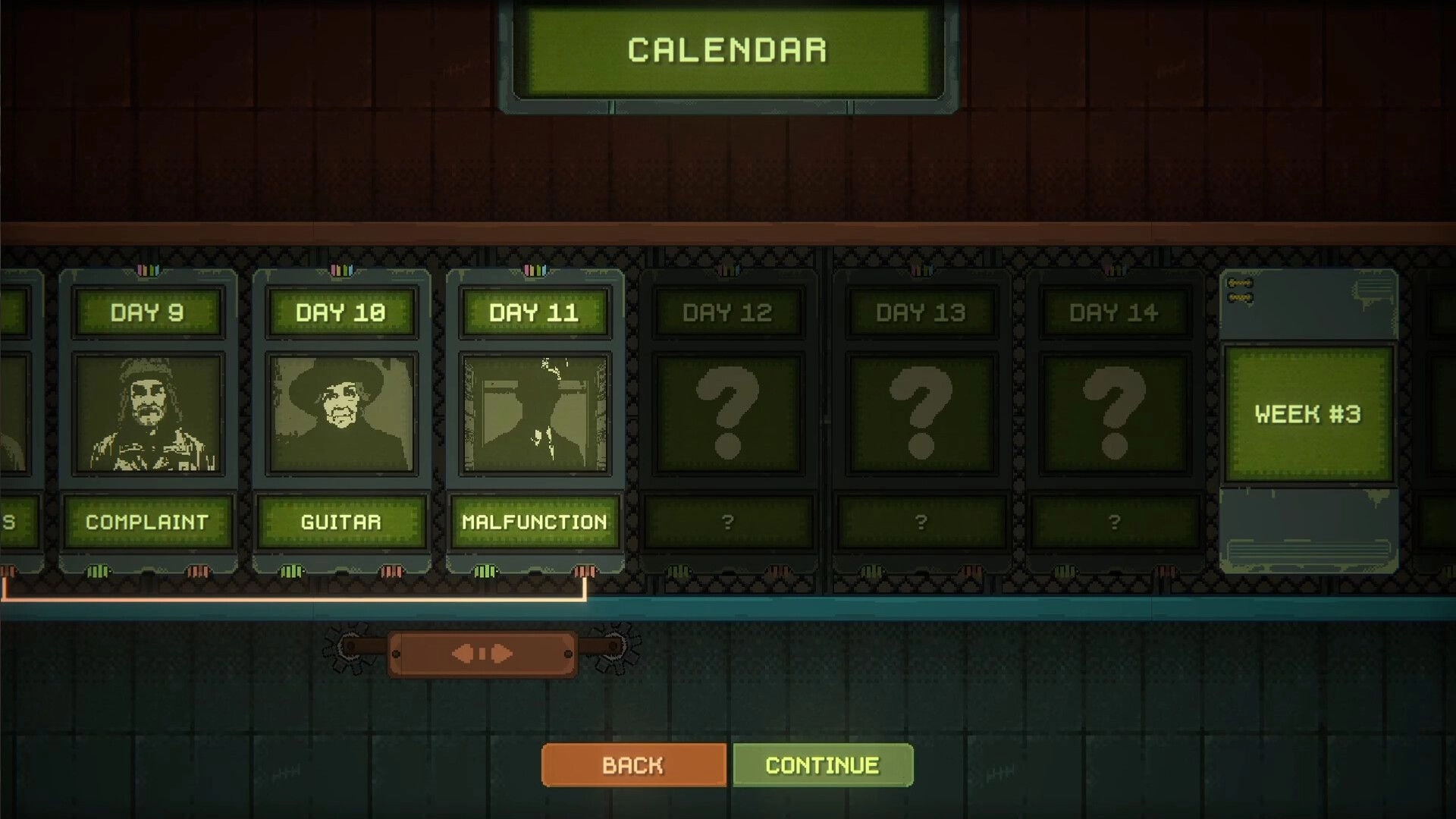 Underchoice: Calendar interface with events like "Complaint," "Guitar," and "Malfunction" in bunker.