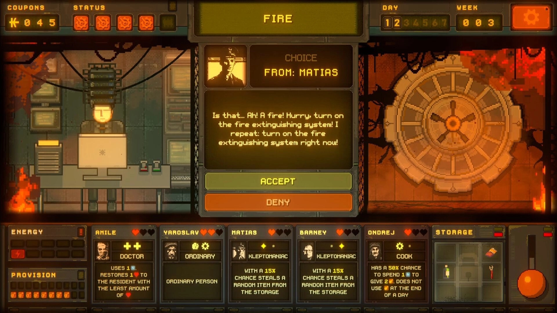 Underchoice: Decision prompt from Matias with fire warning in bunker control room, accept or deny options