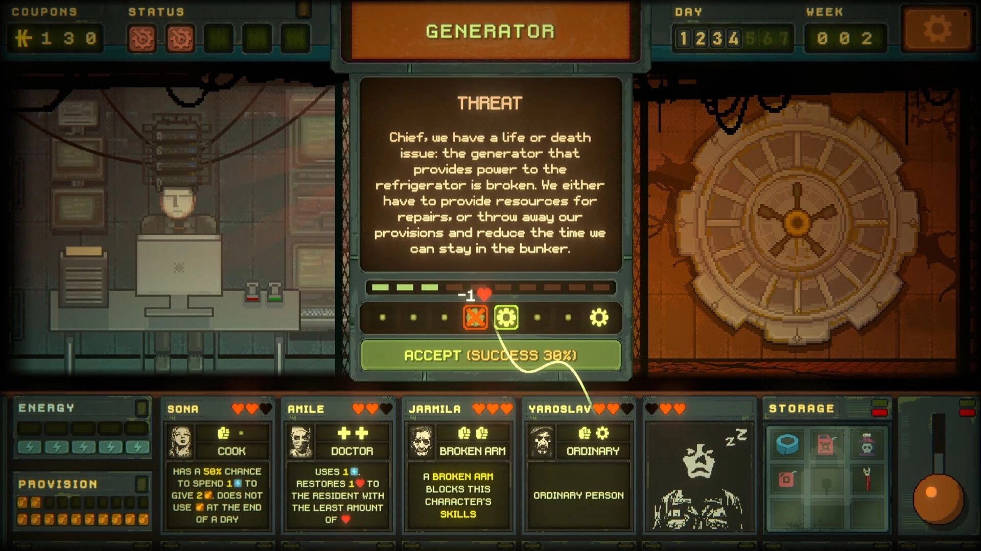 Underchoice: Threat decision screen in bunker with generator malfunction warning and character stats displayed