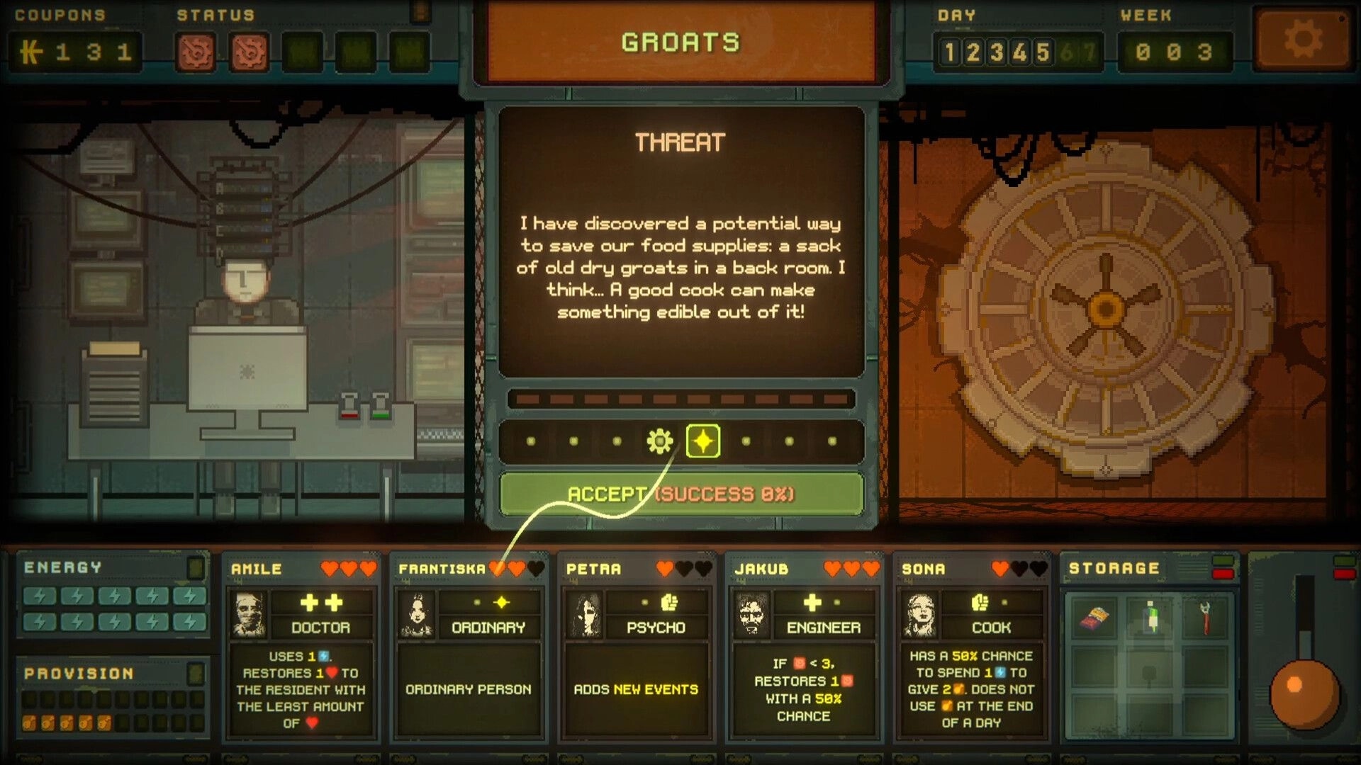 Underchoice: Decision interface with bunker door, character stats, and threat message about food supplies
