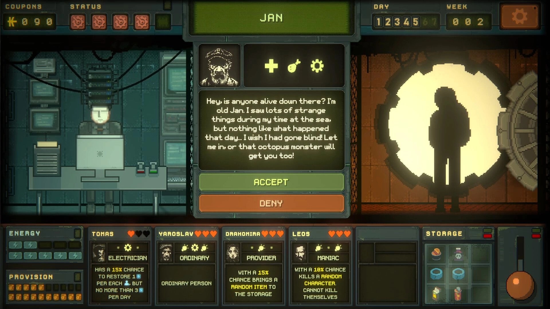 Underchoice: Overseer at console deciding to accept or deny Jan at the sealed bunker door.