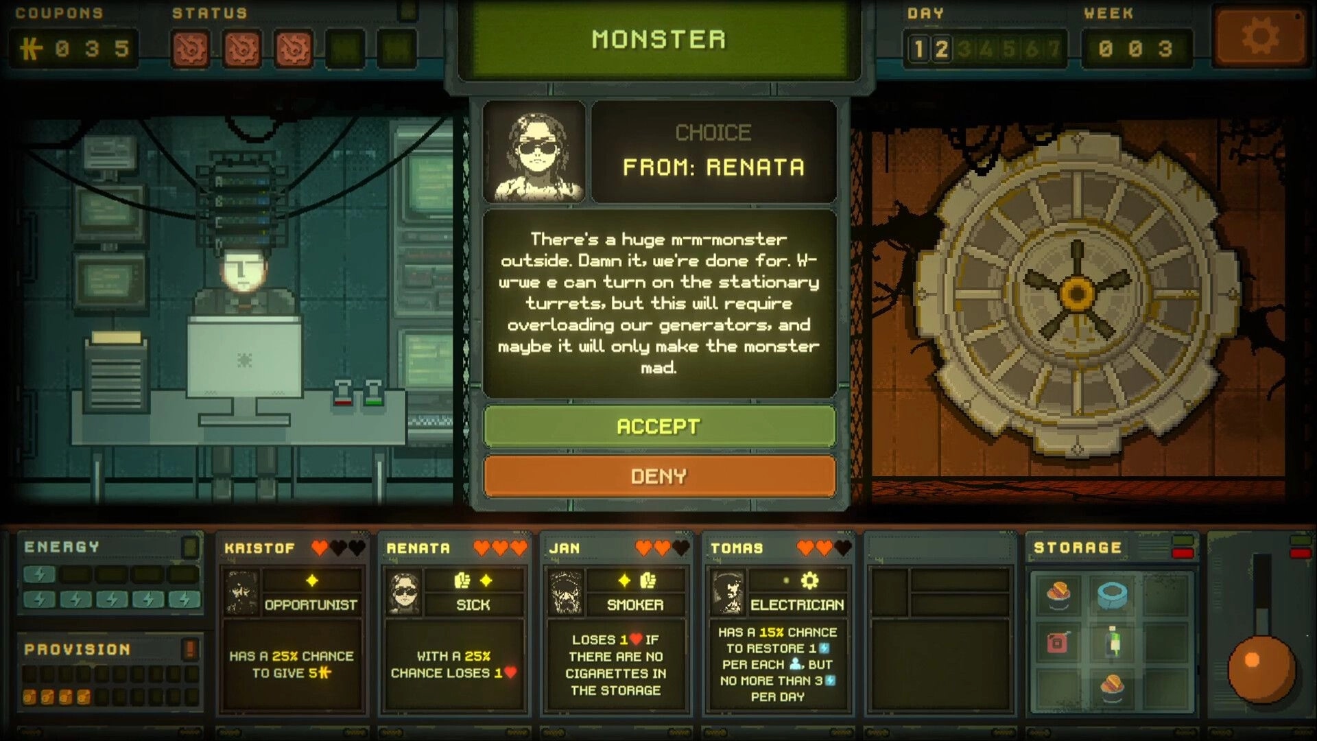 Underchoice: Decision interface with character Renata warning about monster, options to accept or deny
