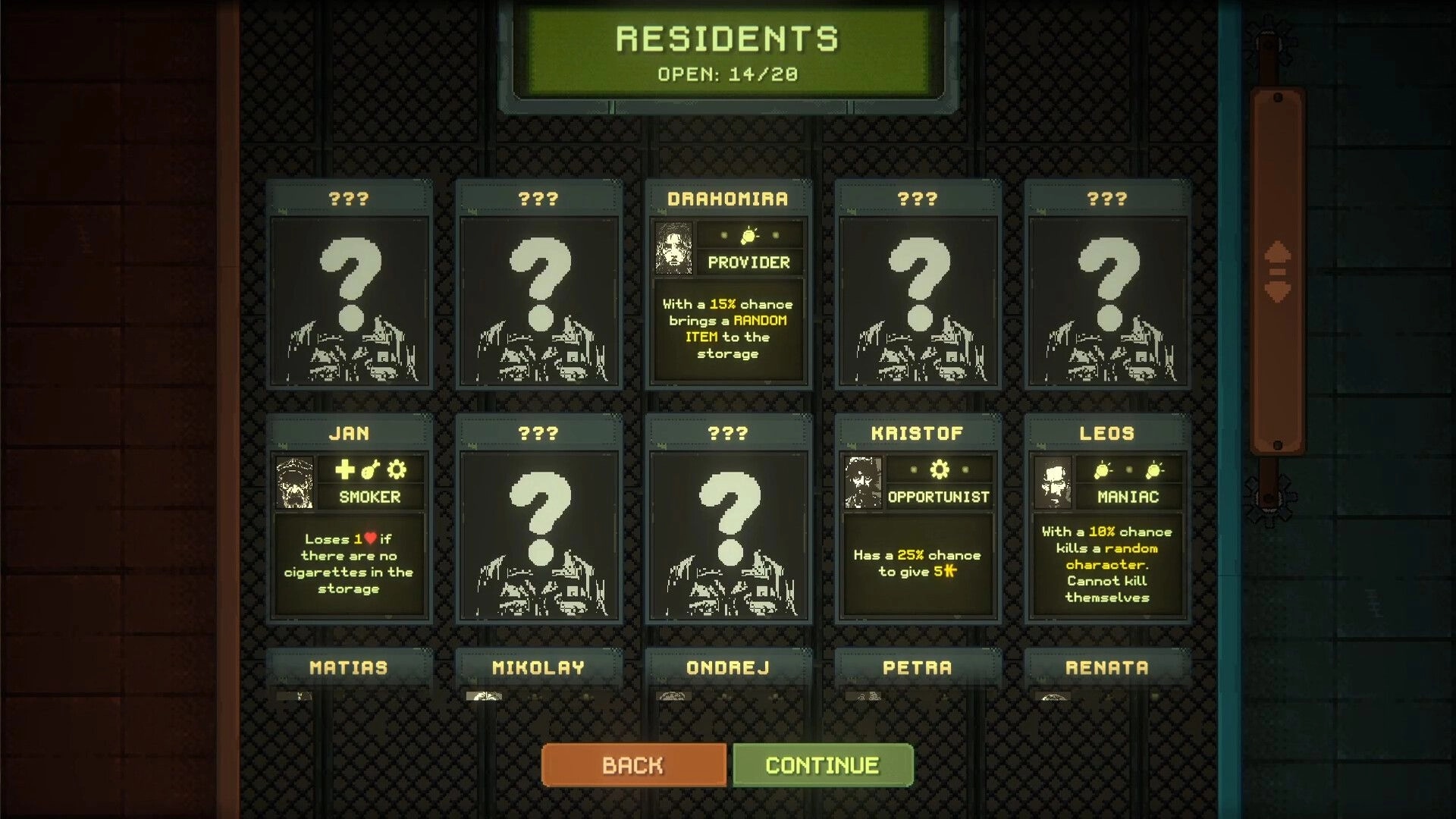 Underchoice: Resident selection screen showing character traits and decisions in the bunker environment