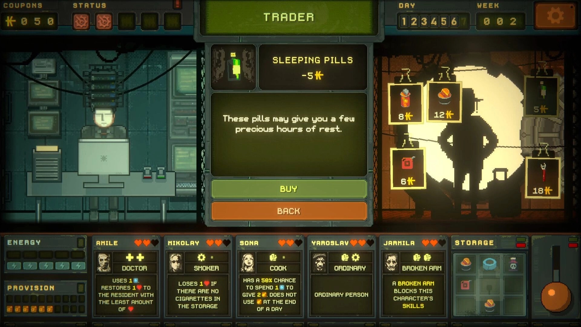 Underchoice: Trader screen with inventory items and character status displayed in a bunker setting.