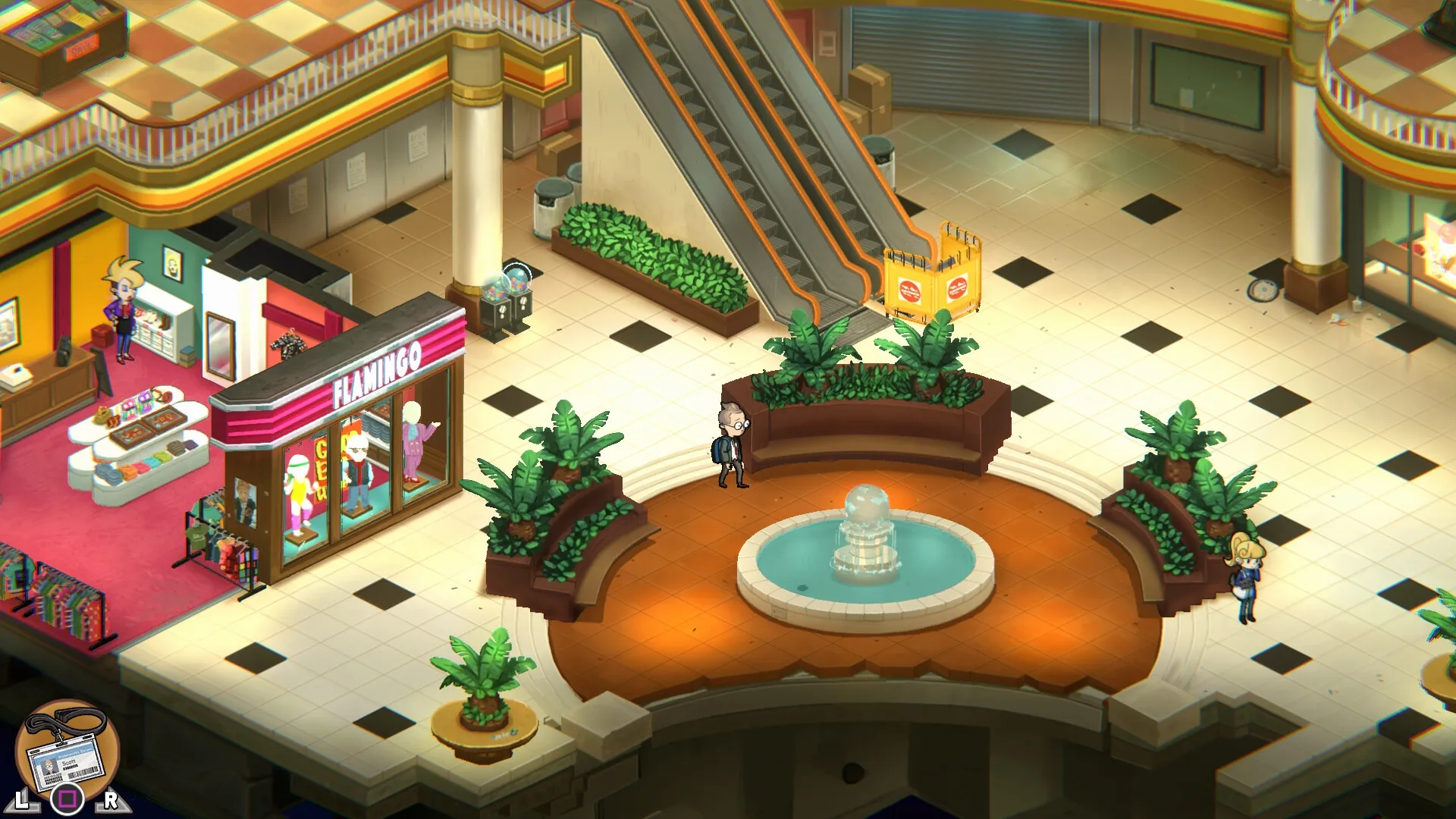 UNDERGROUNDED: Scott explores an abandoned mall with escalators, a fountain, and a Flamingo store.
