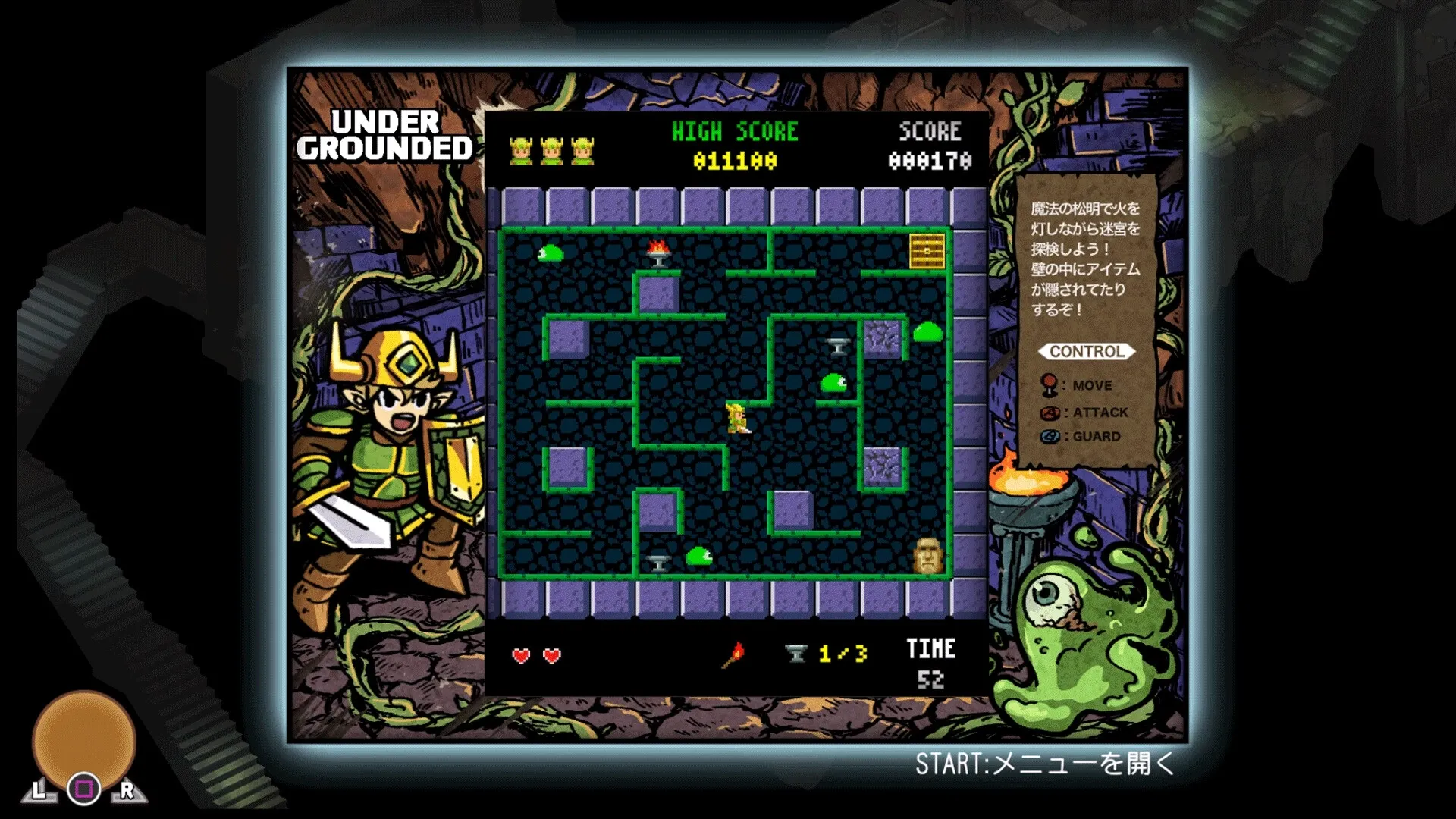 UNDERGROUNDED: Scott navigates a maze with slimes and treasures in a dungeon-themed environment.
