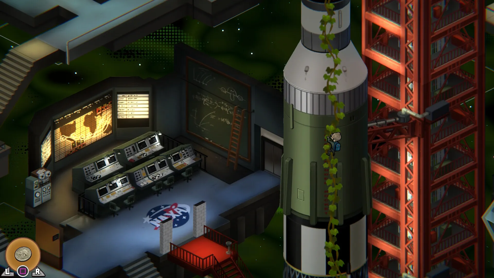 UNDERGROUNDED: Scott climbs rocket vine beside launch tower in retro control room setting