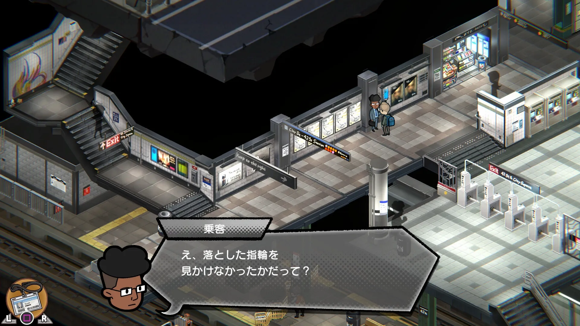 UNDERGROUNDED: Scott and Canary converse in a subway station with directional signs and posters visible