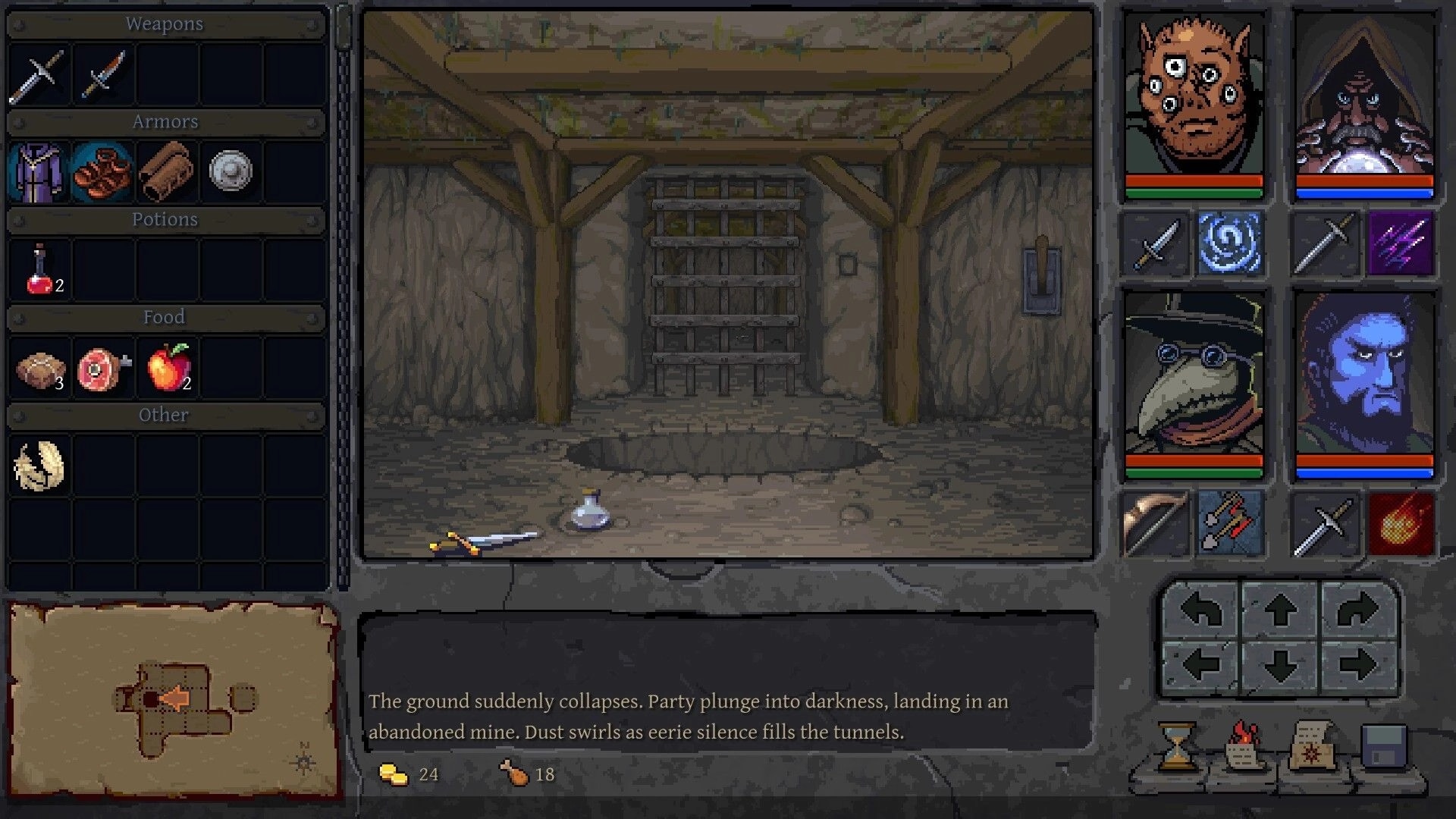 Underkeep: Party HUD and inventory UI beside a mine tunnel with a barred gate and floor pit.