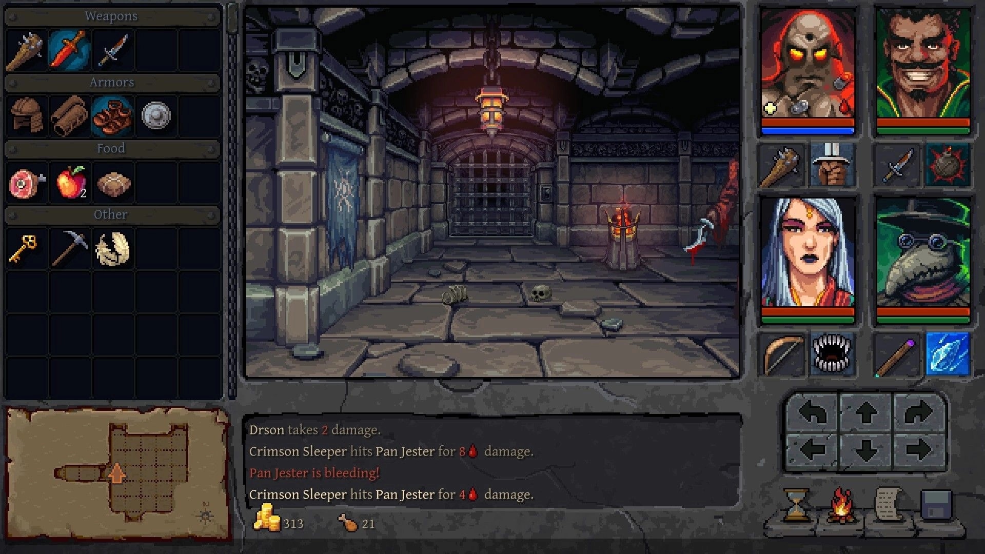 Underkeep: Inventory and party status UI beside a torchlit stone corridor with barred gate ahead.